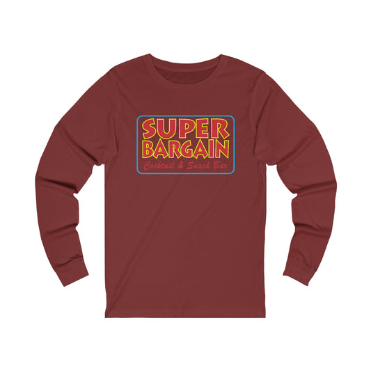 A maroon Unisex Jersey Long Sleeve Signature Logo Tee with a rectangular logo that reads "SUPER BARGAIN Cocktail & Snack Bar, Cabbagetown" in colorful retro style fonts by Printify.
