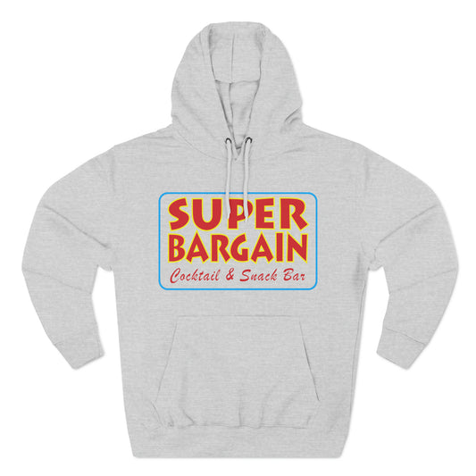Light gray Unisex Premium Pullover Hoodie with "SUPER BARGAIN Cocktail & Snack Bar Toronto" printed in colorful retro font on the front by Printify.
