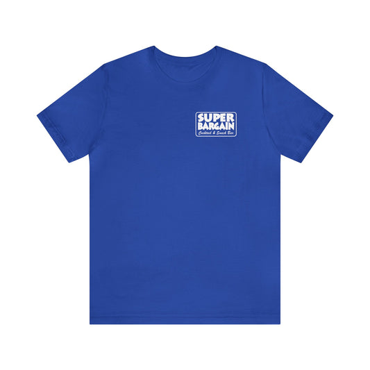 A Plain blue Unisex Jersey Short Sleeve Monochrome Logo Tee with a small logo on the left chest that reads "Super Saiyan Goku's Gym - Toronto" in white text on a blue background by Printify.