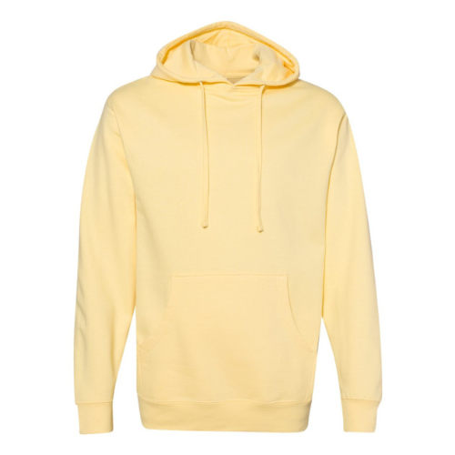 The Super Bargain Logo 'Gap' Hoodie features a pale yellow hue, a front kangaroo pocket, and a drawstring hood. Made from a comfortable cotton polyester blend, the fabric appears exceptionally soft, making it ideal for casual wear. The hoodie is displayed on a plain white background.