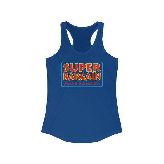 A blue Women's Logo Racerback Tank by Printify featuring a colorful graphic that reads "SUPER BARGAIN, Cocktail & Snack Bar" in bold, retro-style typography against a red rectangle background, highlighting Cabbagetown, Toronto.
