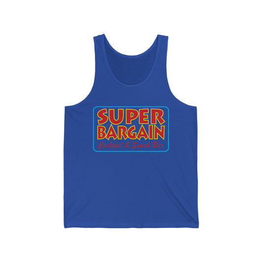 A Printify Unisex Jersey Tank featuring a colorful rectangle with the text "SUPER BARGAIN" in bold yellow letters, and "Discounted & Street Bin - Cabbagetown" in smaller red letters below.