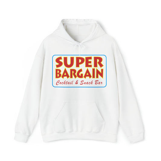 White hoodie with a colorful "SUPER BARGAIN Cocktail & Snack Bar - Cabbagetown Toronto" logo on the front. The Unisex Heavy Blend™ Hooded Sweatshirt by Printify features a drawstring hood and a large front pocket.