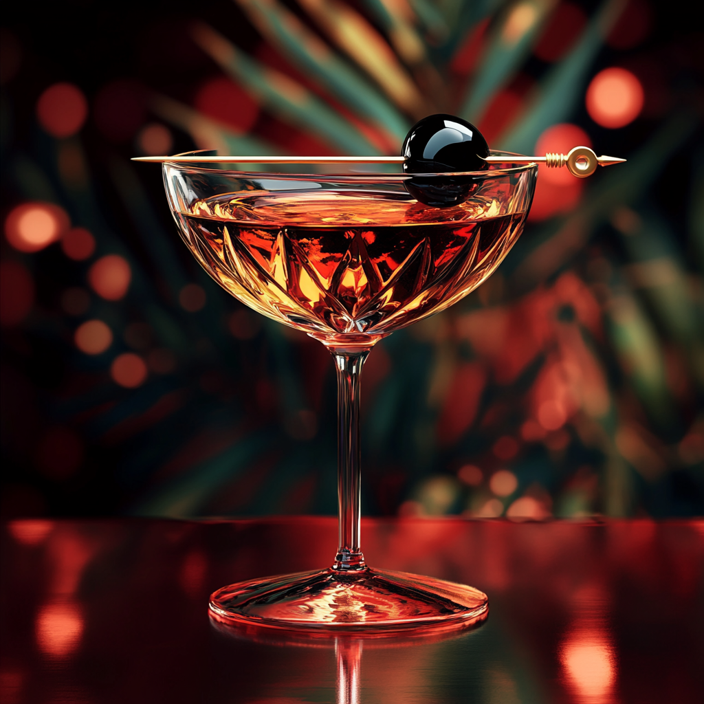 Manhattan cocktail served in timeless coupe glass and garnished with Super Bargain's small batch cherries