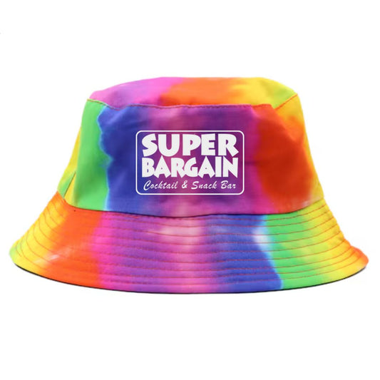 A vibrantly colored tie-dye bucket hat, perfect as a summer accessory, featuring bold swirls of rainbow hues. The adult size Pride Bucket Hat - One Size has a stitched brim and a front patch that reads "SUPER BARGAIN.