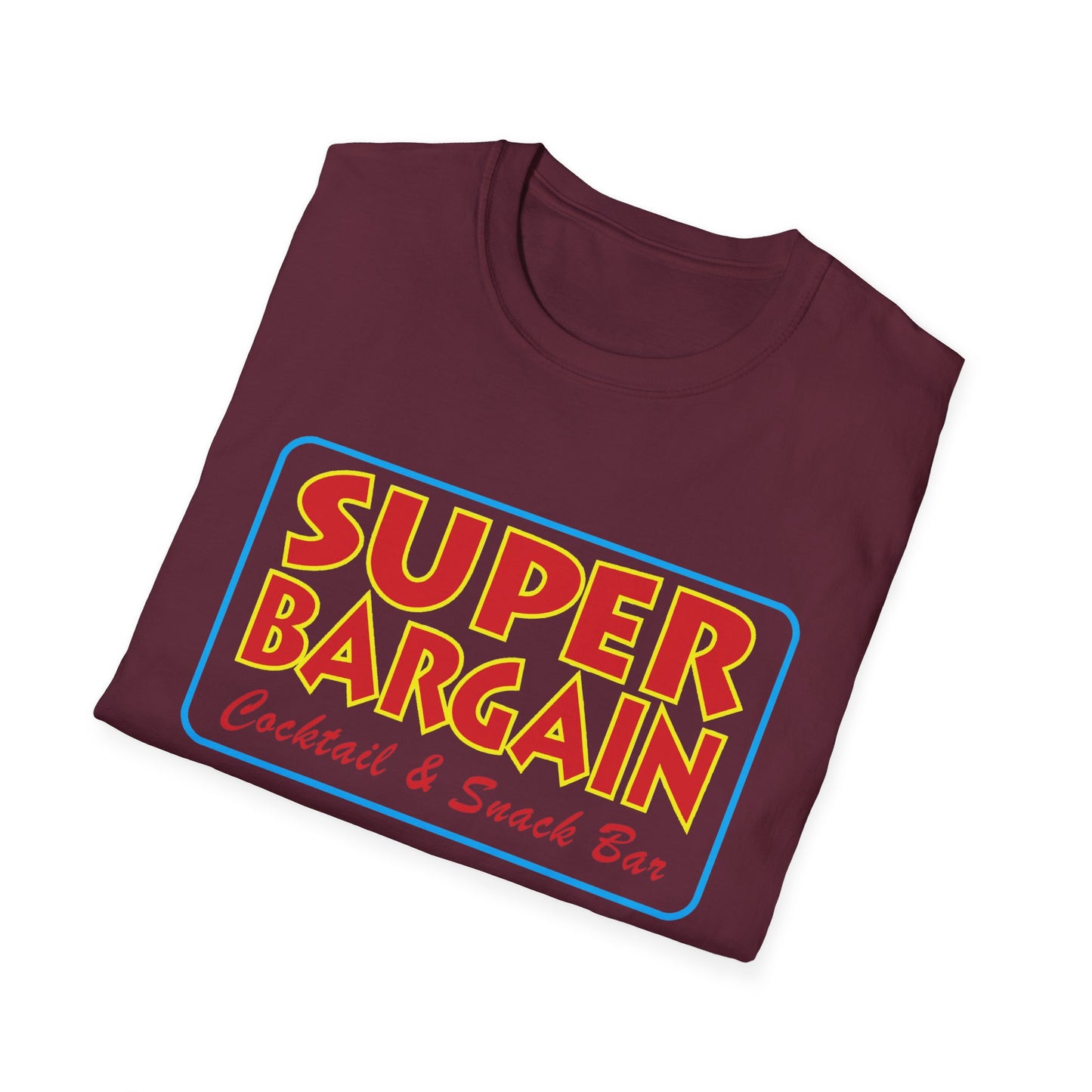 A folded maroon Unisex Softstyle Logo T-Shirt by Printify featuring a colorful "Super Bargain - Cocktail & Snack Bar" logo with "Cabbagetown, Toronto" on the front, displayed on a white background.