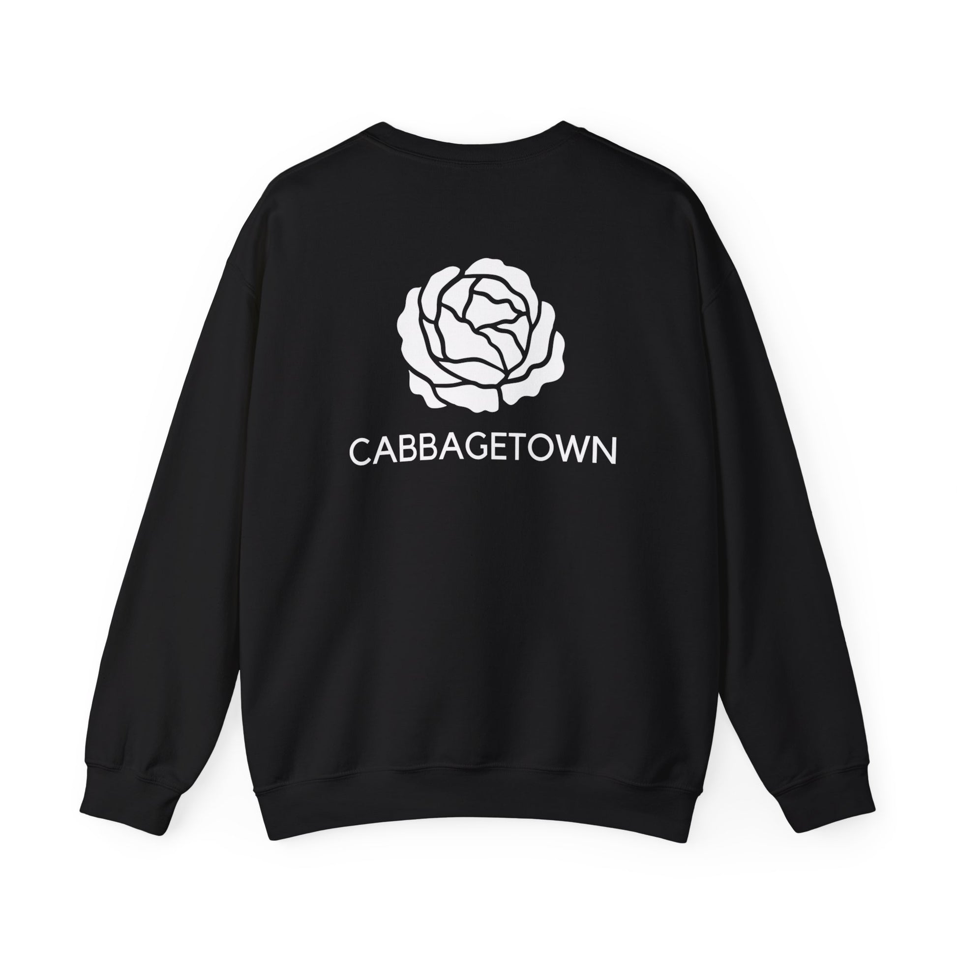 A black Unisex Heavy Blend™ Crewneck Monochrome Logo and Cabbagetown Sweatshirt by Printify, with a white rose graphic and the word "TORONTO CABBAGETOWN" printed below it, displayed on a plain white background.