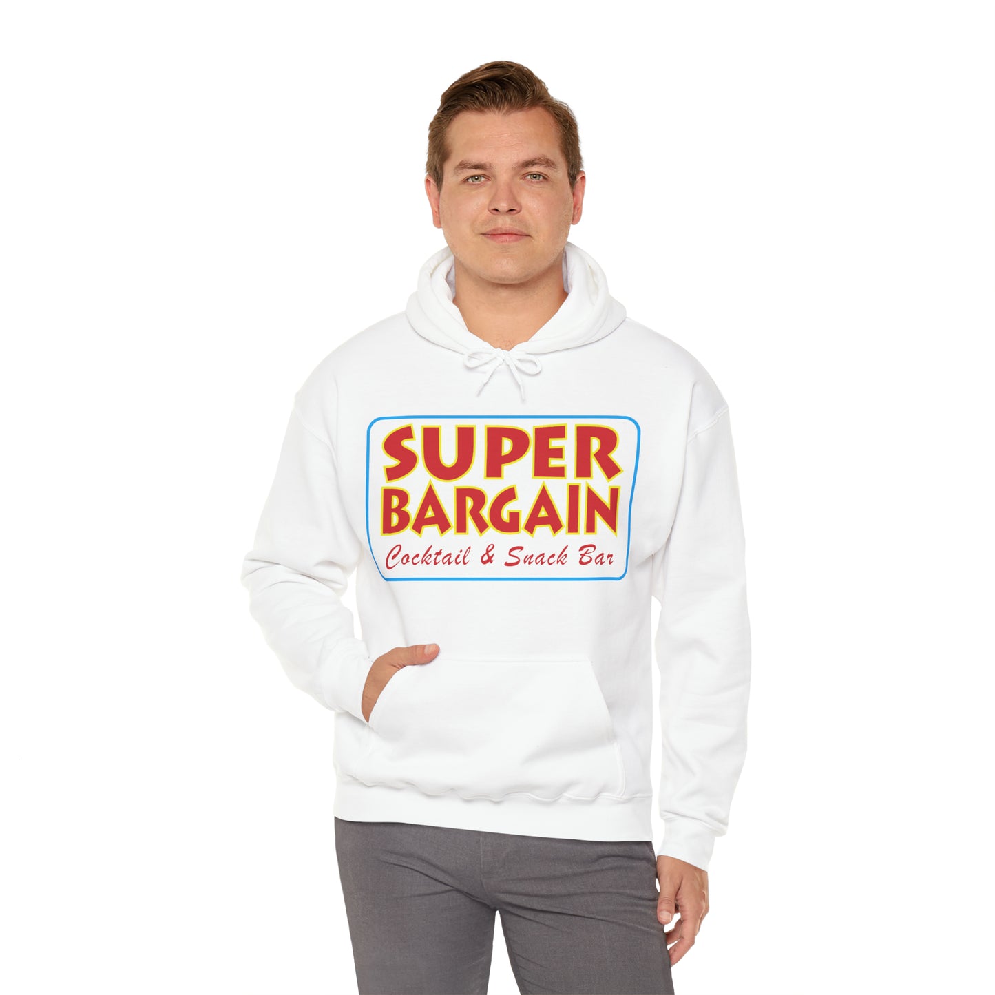 A man wearing a white Unisex Heavy Blend™ Hooded Sweatshirt by Printify with "SUPER BARGAIN Cocktail & Snack Bar, Cabbagetown" printed on the front, standing against a white background.