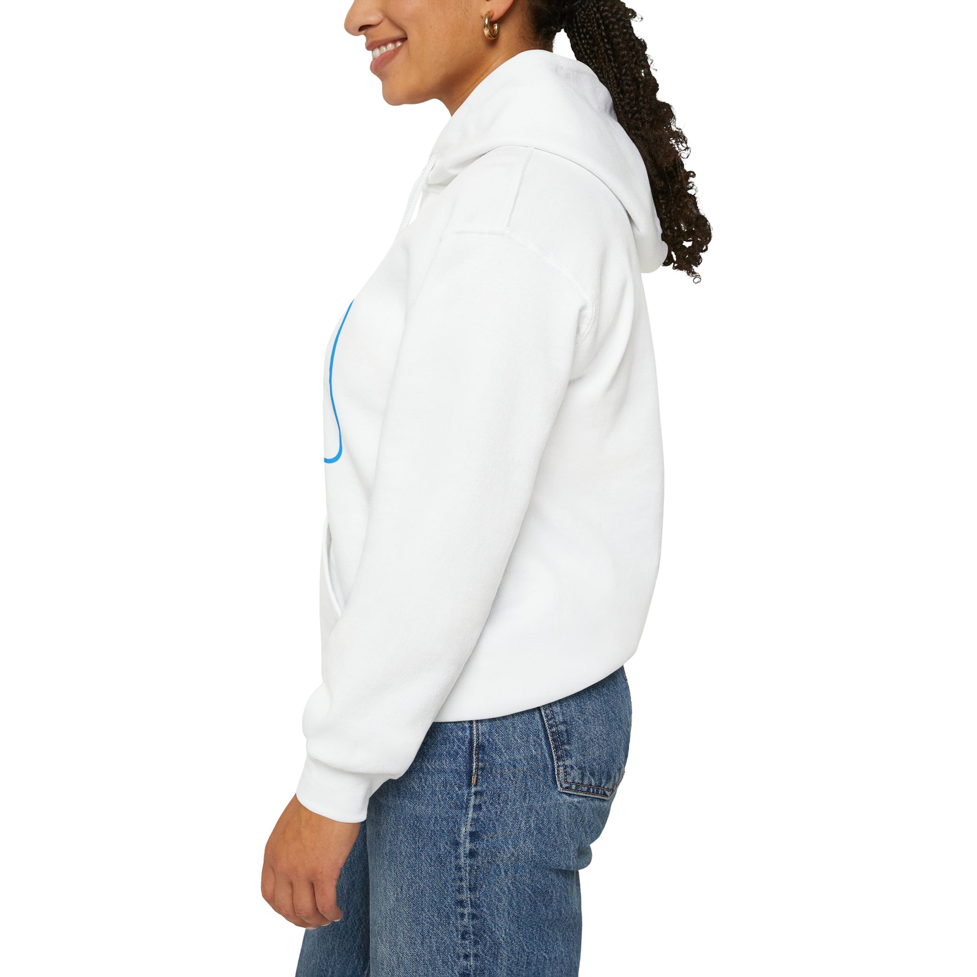 Sentence with replaced product:

Side view of a woman in Toronto wearing a white Printify Unisex Heavy Blend™ Hooded Sweatshirt and blue jeans, with the hood up, smiling slightly and facing to the left.
