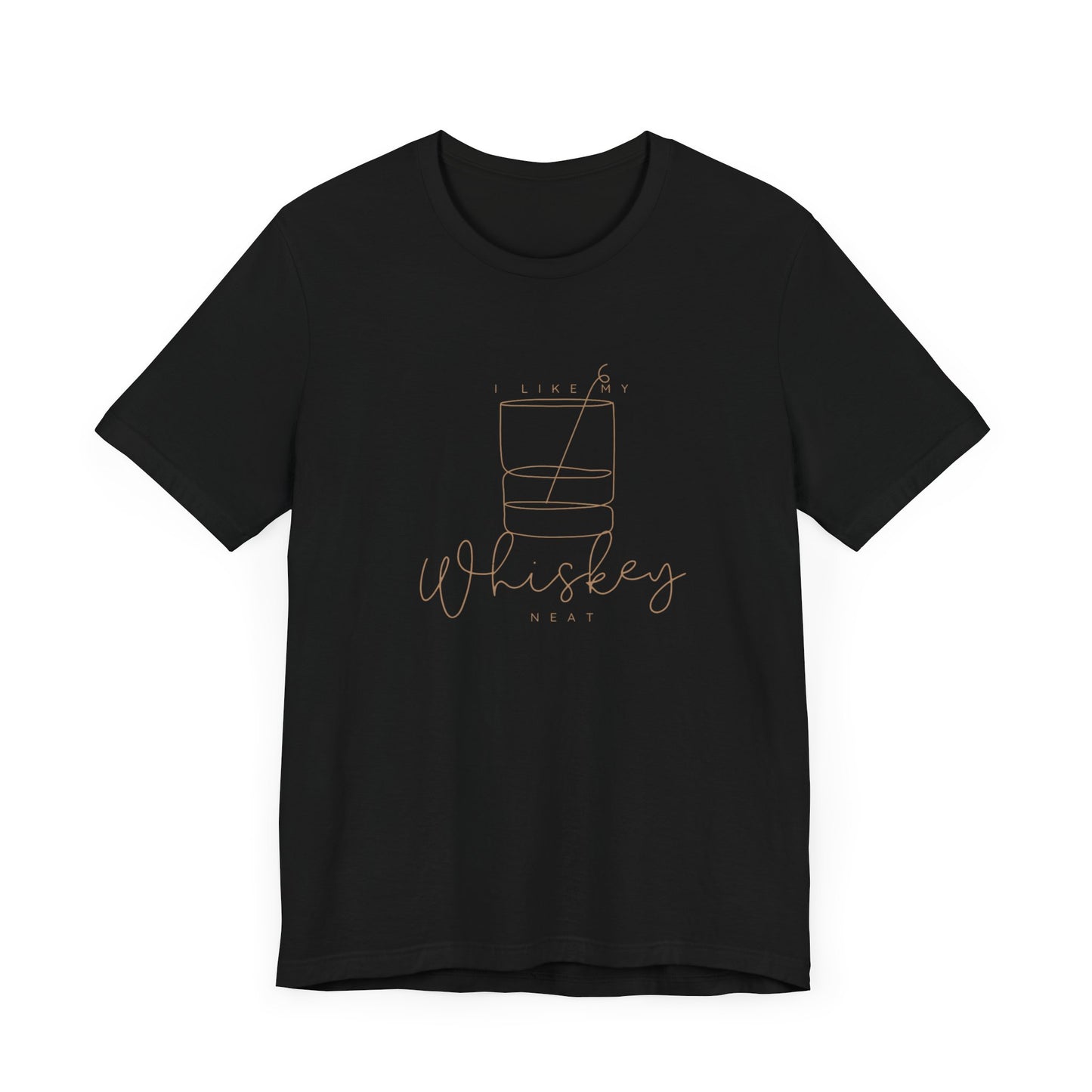 The Super Bargain I Like My Whiskey Neat Unisex Jersey Short Sleeve Tee is a black T-shirt crafted from soft cotton, promising comfort and sustainability. It features a minimalist line drawing of a whiskey glass with ice cubes and a stirrer, and below the drawing, the text reads "I Like My Whiskey Neat" in a stylish font.