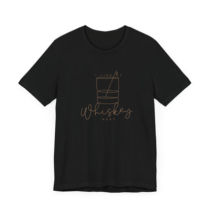 The Super Bargain I Like My Whiskey Neat Unisex Jersey Short Sleeve Tee is a black T-shirt crafted from soft cotton, promising comfort and sustainability. It features a minimalist line drawing of a whiskey glass with ice cubes and a stirrer, and below the drawing, the text reads "I Like My Whiskey Neat" in a stylish font.