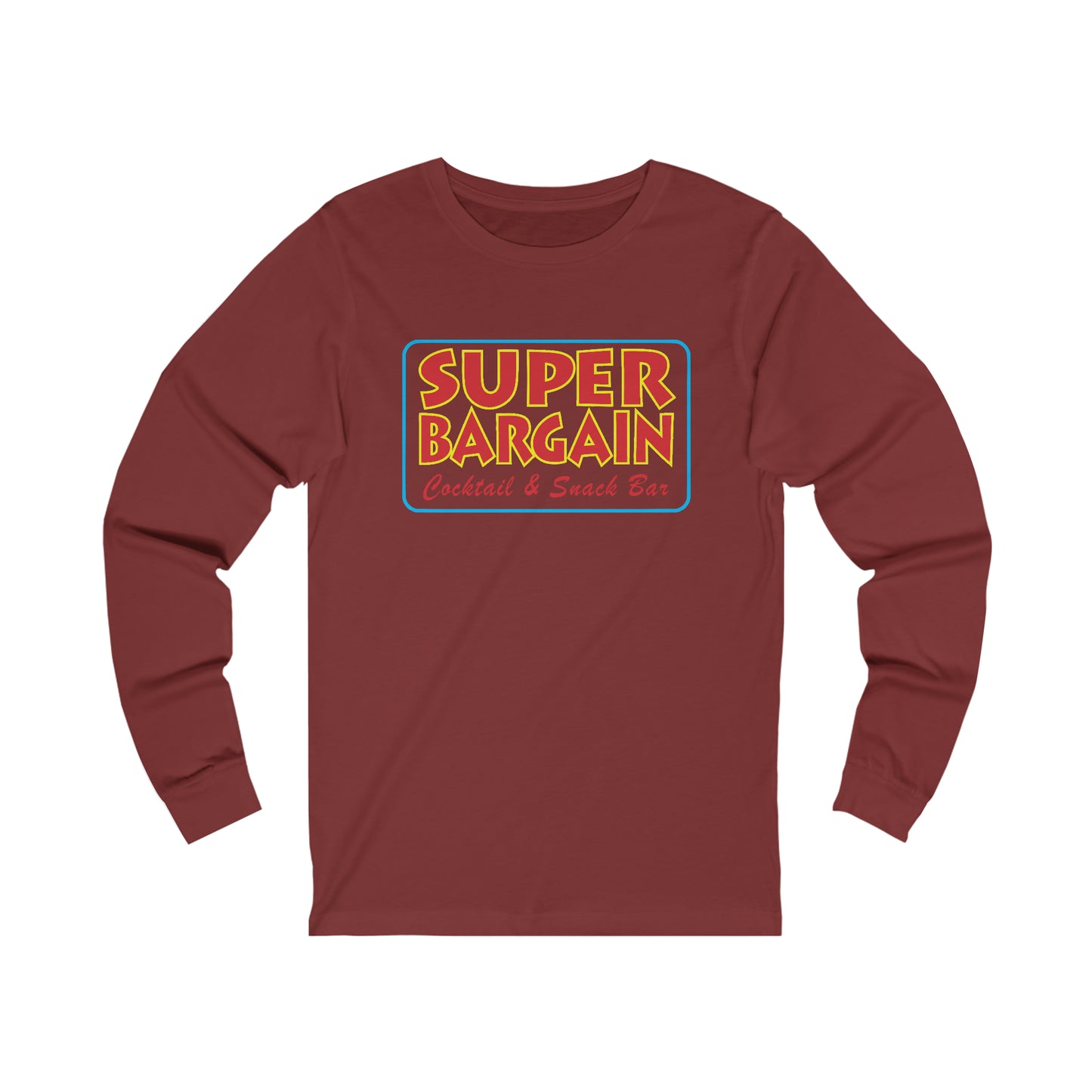 A maroon Unisex Jersey Long Sleeve Signature Logo Tee with a rectangular logo that reads "SUPER BARGAIN Cocktail & Snack Bar, Cabbagetown" in colorful retro style fonts by Printify.