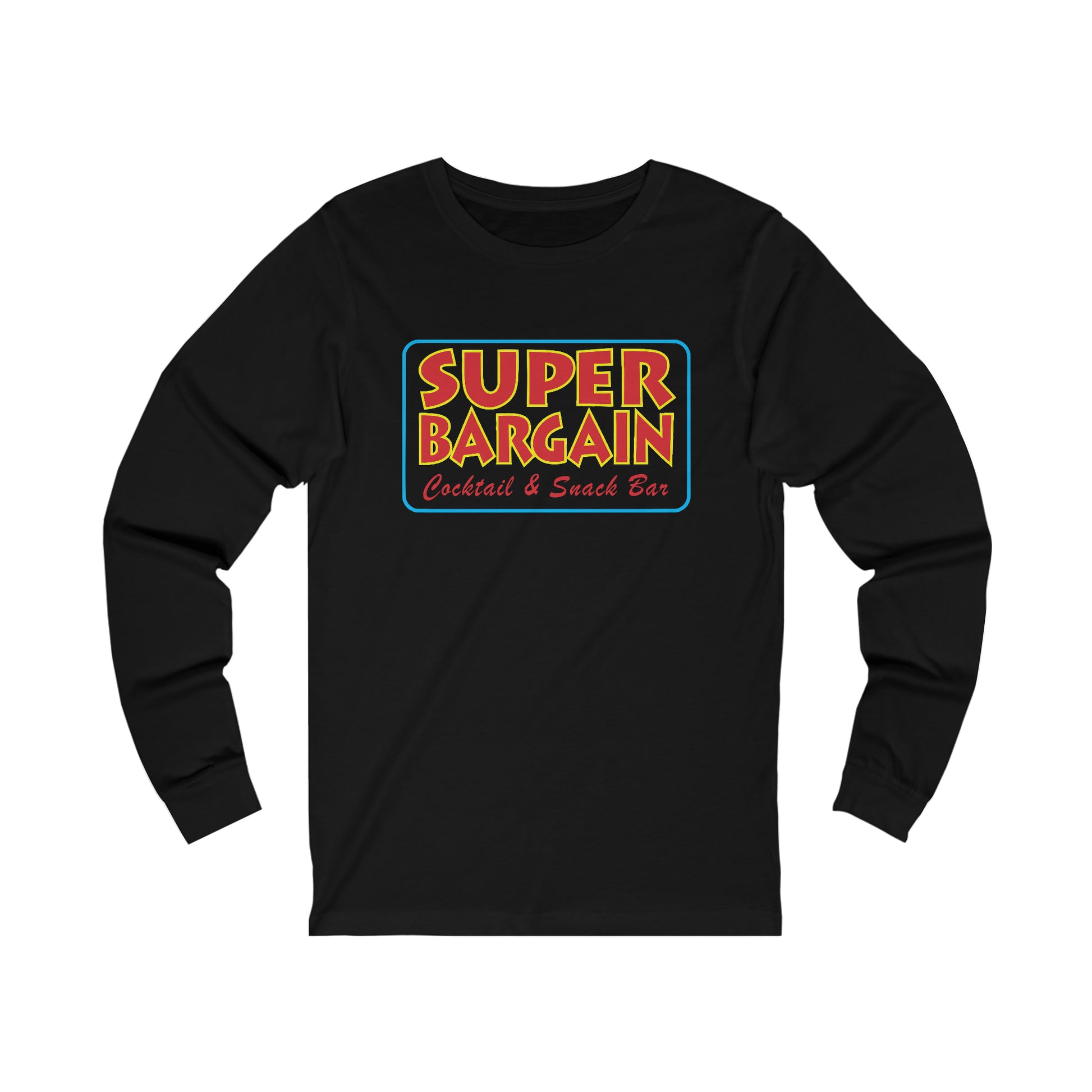 A black long-sleeve Unisex Jersey Long Sleeve Signature Logo Tee with a colorful graphic that reads "SUPER BARGAIN Cabbagetown Cocktail & Snack Bar" in bold, retro-style fonts against a vibrant, multi-colored background.
