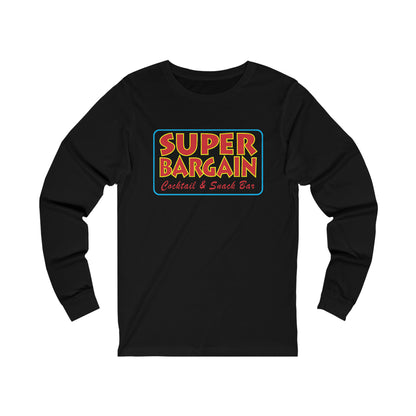 A black long-sleeve Unisex Jersey Long Sleeve Signature Logo Tee with a colorful graphic that reads "SUPER BARGAIN Cabbagetown Cocktail & Snack Bar" in bold, retro-style fonts against a vibrant, multi-colored background.