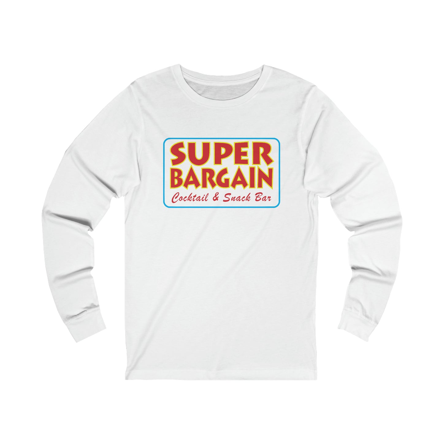 A white Unisex Jersey Long Sleeve Signature Logo Tee with the Printify logo "SUPER BARGAIN Toronto Cocktail & Snack Bar" in colorful text printed on the chest.