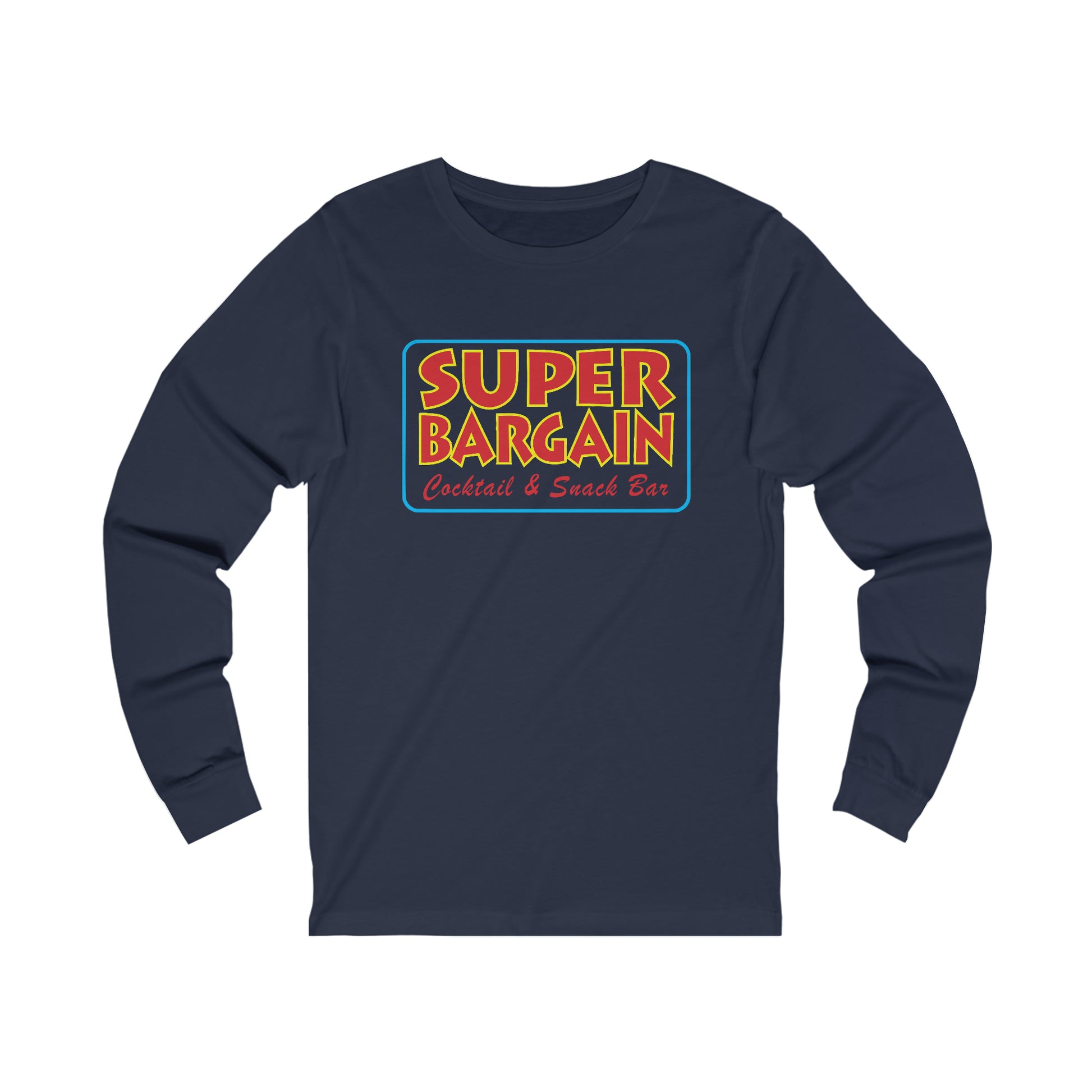 A Printify Unisex Jersey Long Sleeve Signature Logo Tee featuring a colorful retro graphic that reads "SUPER BARGAIN Cocktail & Snack Bar, Cabbagetown" in bold, stylized text.
