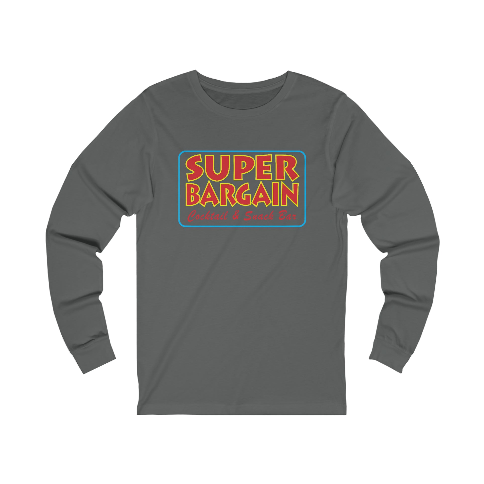 Long-sleeve gray Unisex Jersey Long Sleeve Signature Logo Tee with a colorful "Toronto - Super Bargain: Gadgets & Good Buys" logo printed on the chest from Printify.