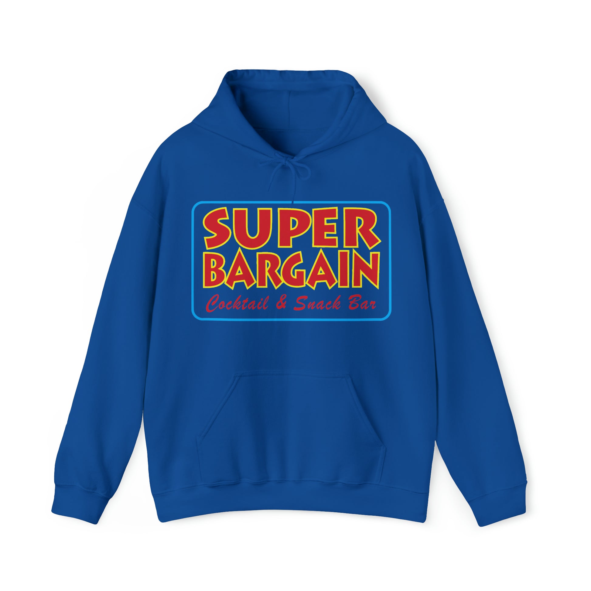 A royal blue Unisex Heavy Blend™ Hooded Sweatshirt with a graphic that reads "SUPER BARGAIN Cocktail & Snack Bar - Cabbagetown, Toronto" in colorful, bold lettering across the front.