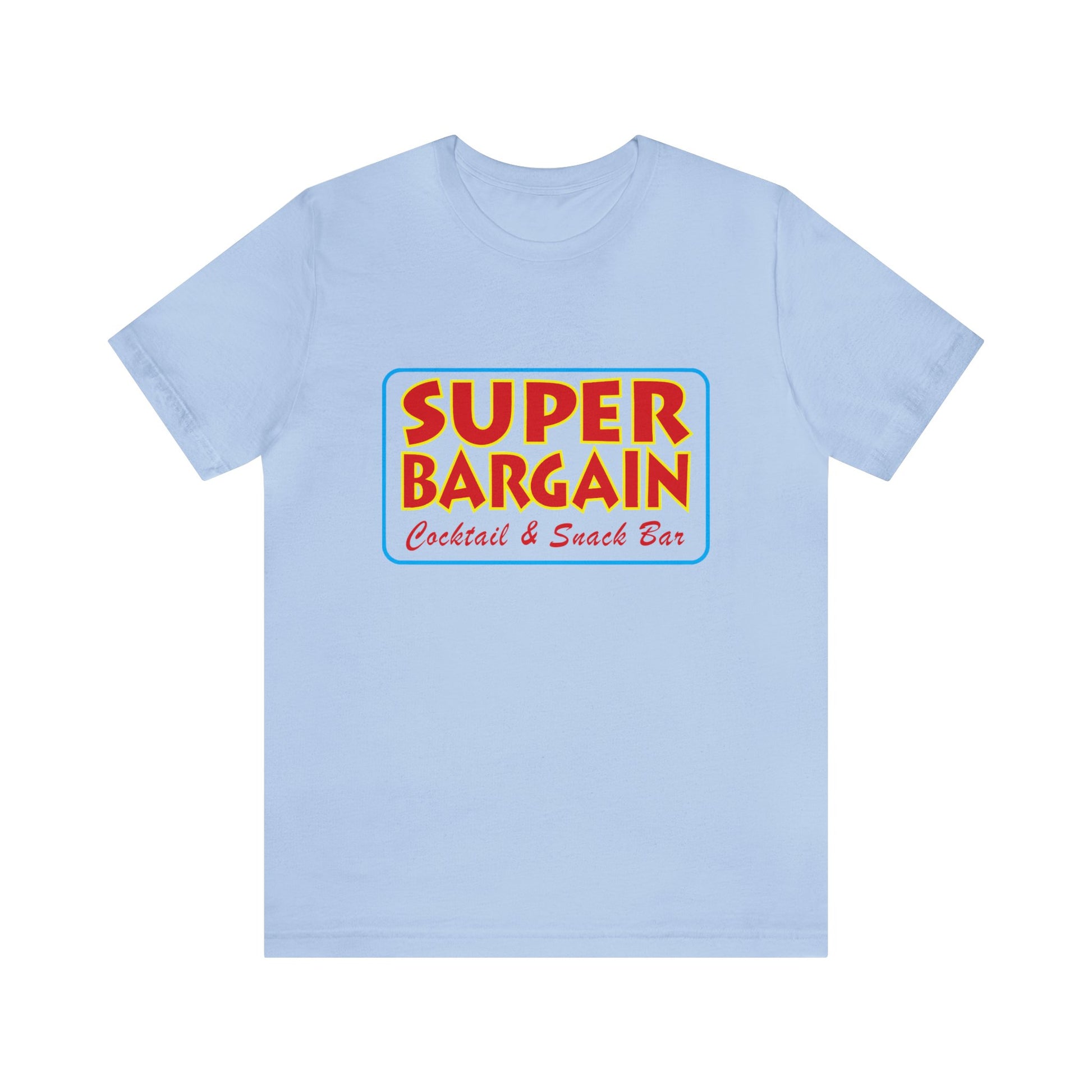 Unisex Jersey Short Sleeve Tee with a bright yellow and red logo in the center that reads "SUPER BARGAIN, Cabbagetown Cocktail & Snack Bar, Toronto." by Printify.