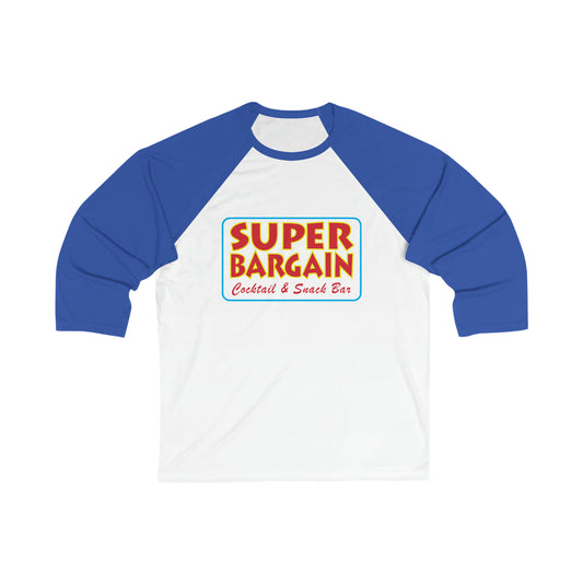 A white Unisex 3/4 Sleeve Logo Baseball Tee with blue sleeves, featuring a colorful logo on the chest that reads "SUPER BARGAIN Cocktail & Snack Bar - Cabbagetown, Toronto" in retro-style font from Printify.