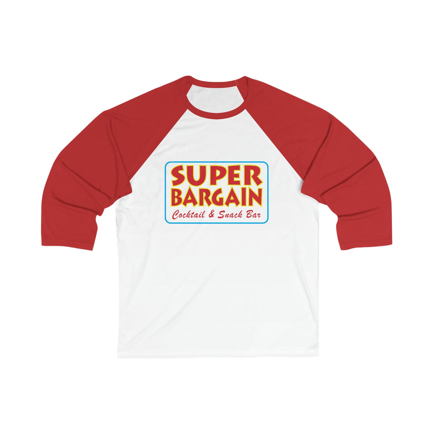 A Printify Unisex 3/4 Sleeve Logo Baseball Tee with red sleeves and a white torso featuring a colorful text design that reads "SUPER BARGAIN, Cabbagetown Cocktail & Snack Bar" in yellow, green, and red.