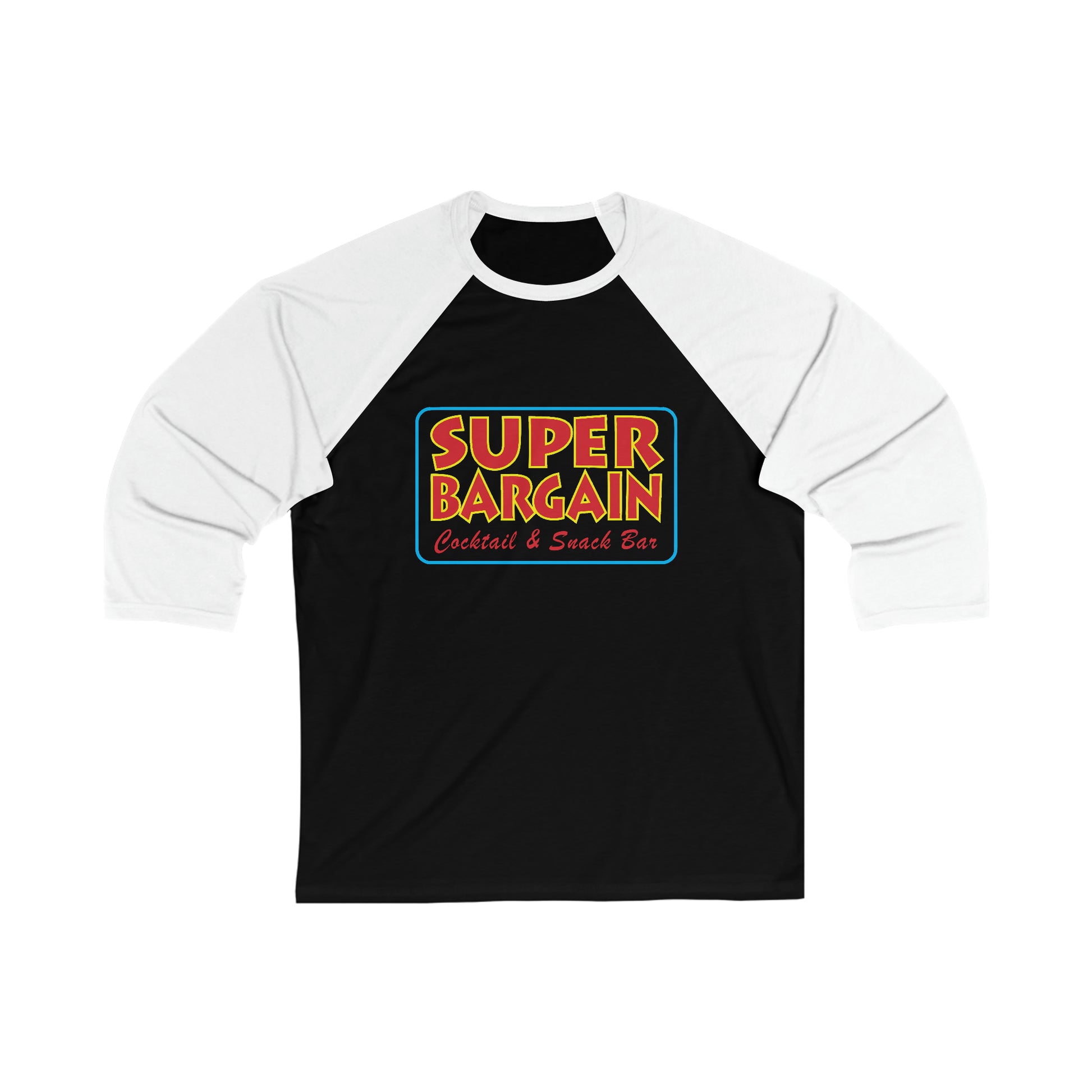 Raglan baseball t-shirt with black torso and white sleeves, featuring a colorful retro design that reads "Toronto Super Bargain, Cocktail & Snack Bar" in stylized fonts on the chest.