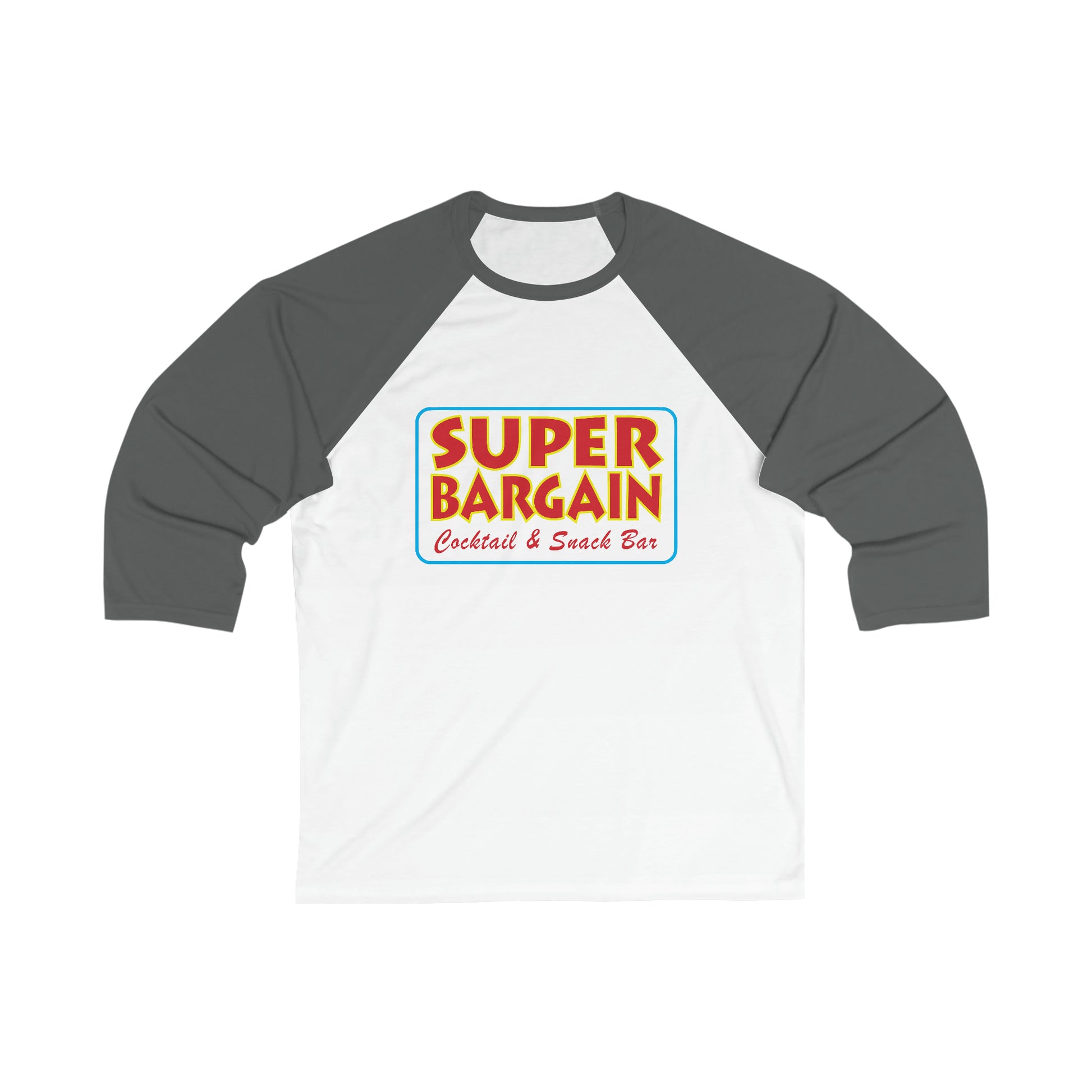 A Unisex 3\4 Sleeve Logo Baseball Tee from Printify with gray sleeves and a white body, featuring a colorful logo that reads "SUPER BARGAIN, Cocktail & Snack Bar" in Cabbagetown, Toronto in a retro font style.