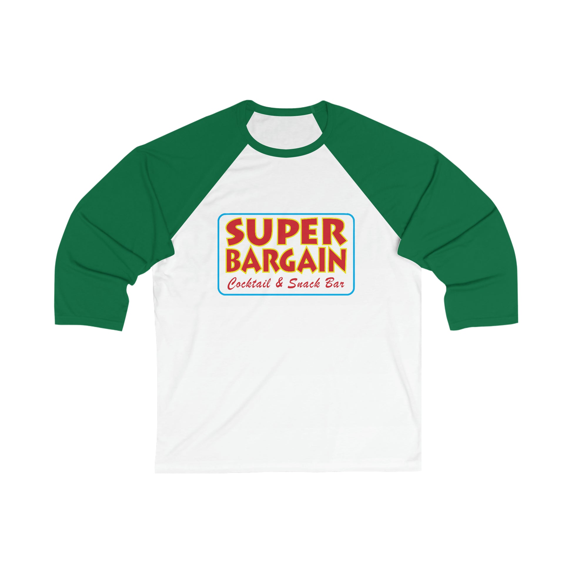 A Unisex 3/4 Sleeve Logo Baseball Tee with green sleeves and a white torso featuring a multicolored "SUPER BARGAIN Cocktail & Snack Bar - Cabbagetown" logo in retro style on the front. (Printify)