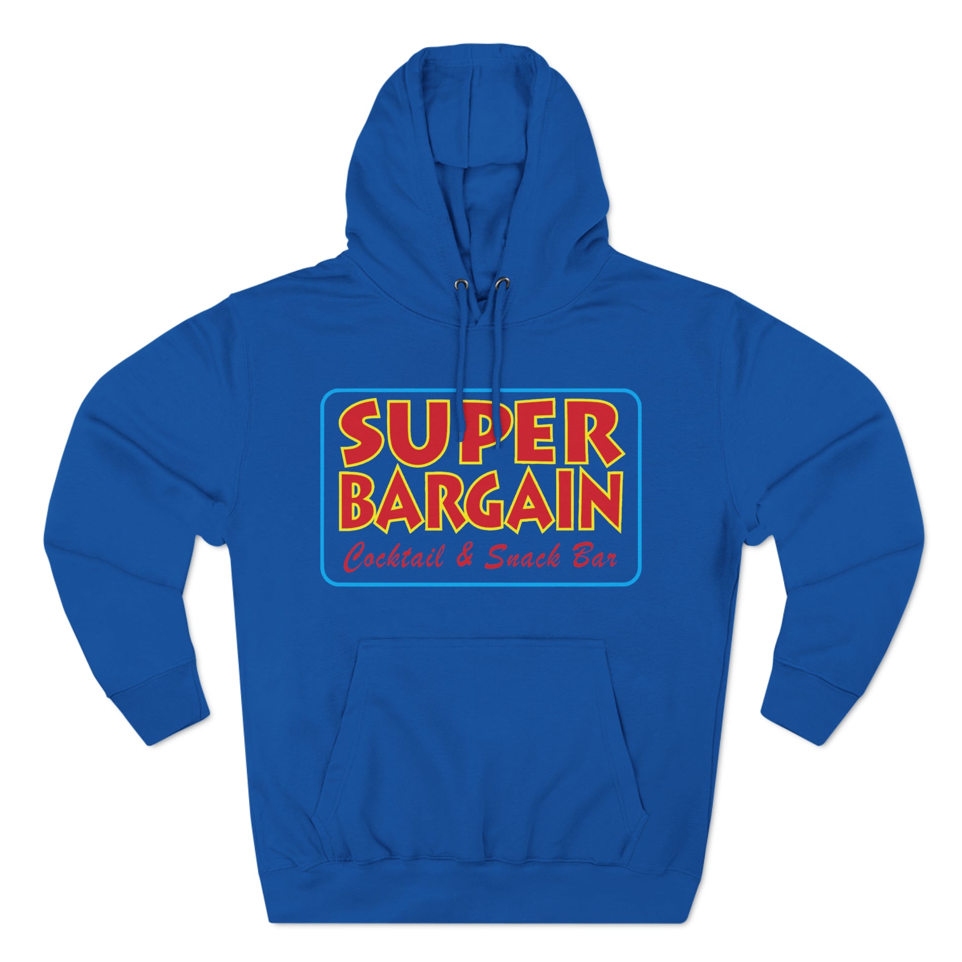 A bright blue Printify Unisex Premium Pullover Hoodie with a colorful logo on the front that reads "Cabbagetown Toronto Cocktail & Snack Bar" in yellow and red font. The hoodie has a front pouch and drawstrings.