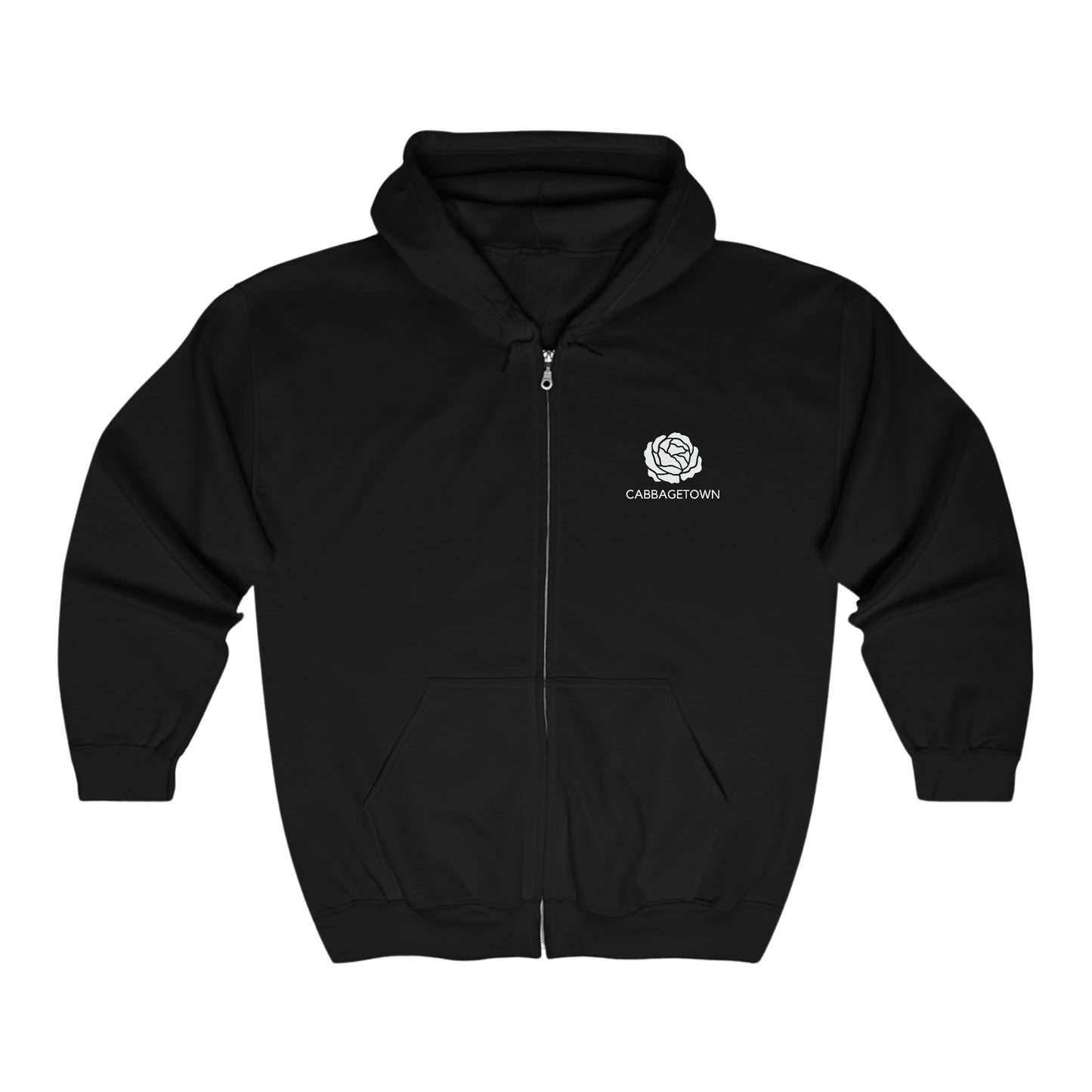 Black zip-up hoodie with a white Toronto logo reading "Cabbagetown" and a rose design on the left chest area, featuring a drawstring hood and front pockets made by Printify's Unisex Heavy Blend™ Full Zip Hooded Sweatshirt.