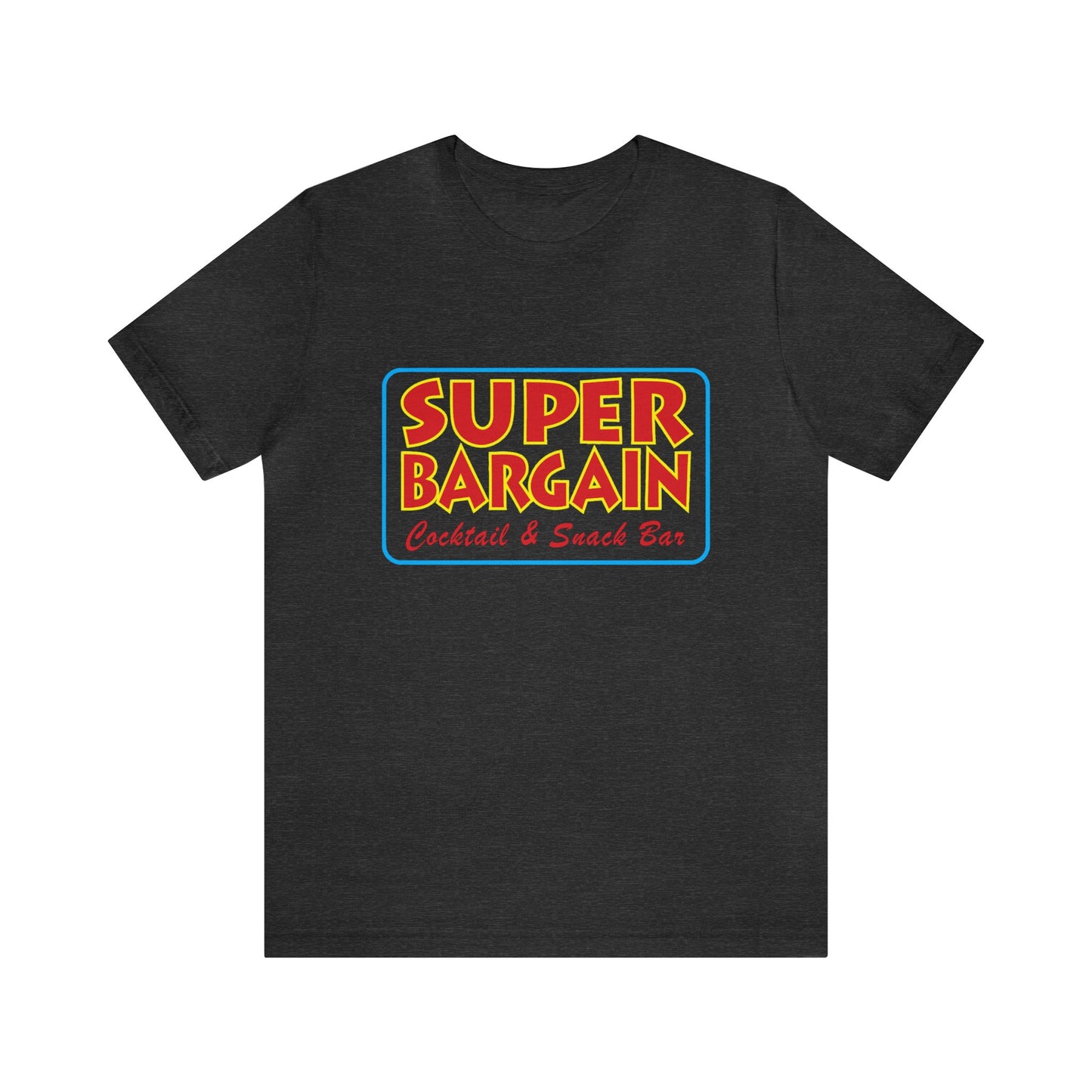 A dark gray Unisex Jersey Short Sleeve Tee with a colorful logo that reads "SUPER BARGAIN Cocktail & Snack Bar" in bold yellow, blue, and red font, centered on the chest area. Celebrating Cabbagetown, Toronto. (Printify)