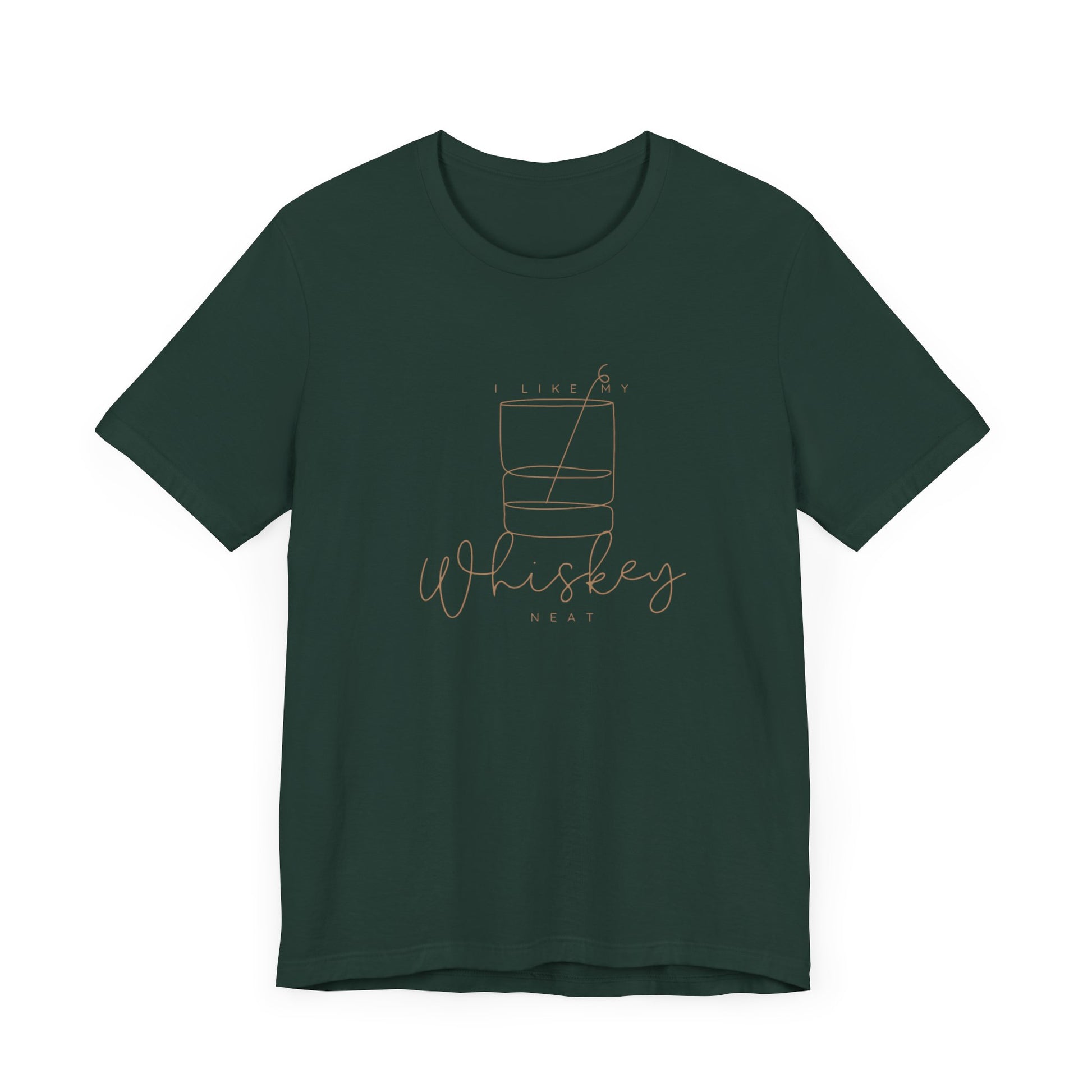 The "I Like My Whiskey Neat Unisex Jersey Short Sleeve Tee" by Printify is a dark green, unisex t-shirt featuring a minimalist line drawing of a whiskey glass filled with neat whiskey. Above the glass, it reads "I like my," and below it, "Whiskey Neat" in stylized handwriting. Made of soft cotton, this shirt combines comfort and style for sustainable apparel enthusiasts.