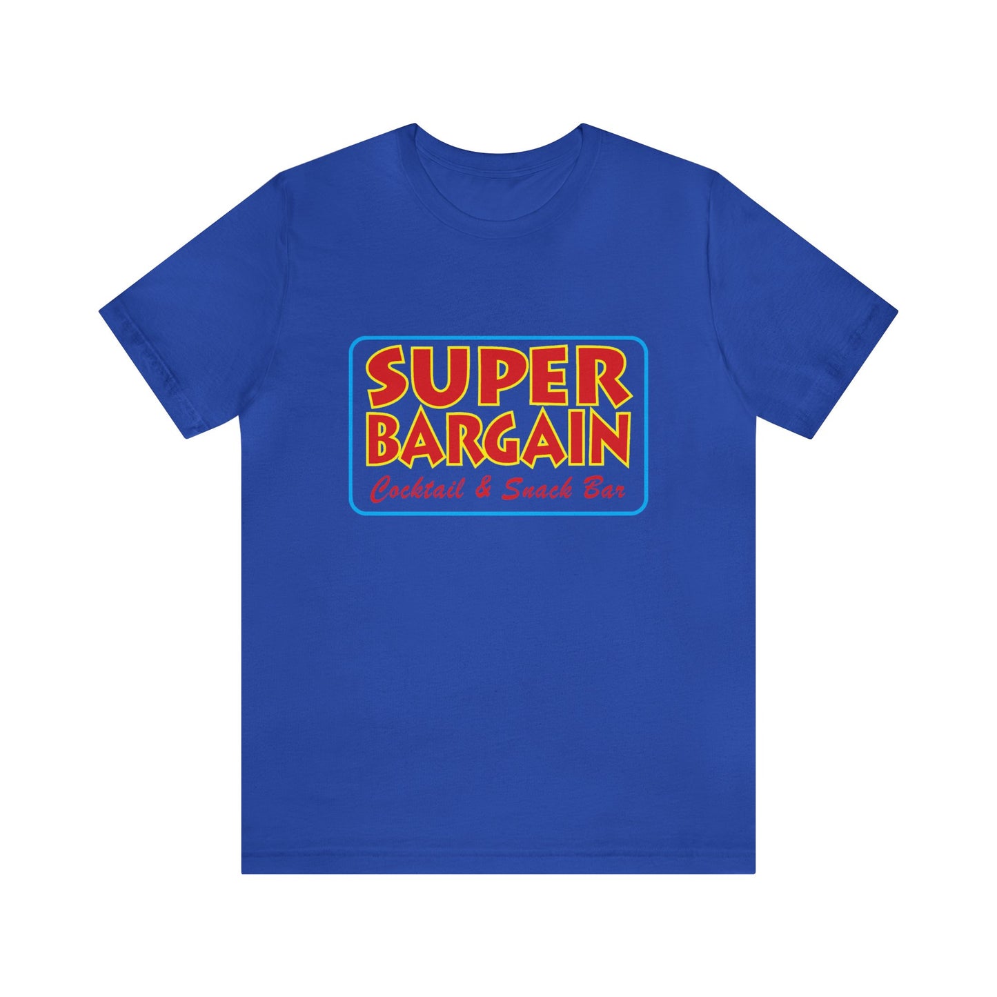 A royal blue Unisex Jersey Short Sleeve Tee featuring a colorful logo with the words "SUPER BARGAIN, Cabbagetown Cocktail & Snack Bar" in bold, stylized fonts by Printify.