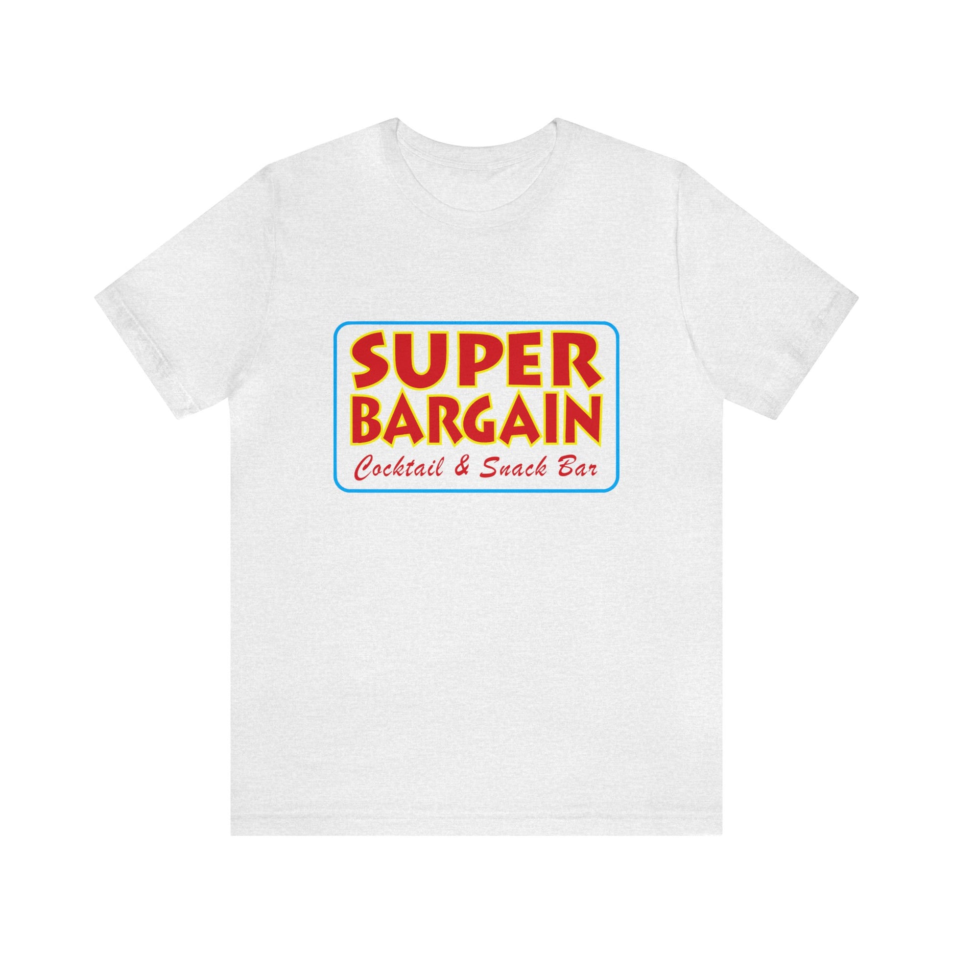 A Printify Unisex Jersey Short Sleeve Tee with a colorful logo that reads "Super Bargain Cocktail & Snack Bar, Cabbagetown" in bold red and yellow lettering, centered on the chest area.