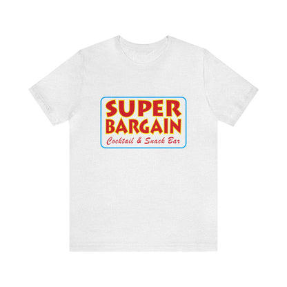 A Printify Unisex Jersey Short Sleeve Tee with a colorful logo that reads "Super Bargain Cocktail & Snack Bar, Cabbagetown" in bold red and yellow lettering, centered on the chest area.
