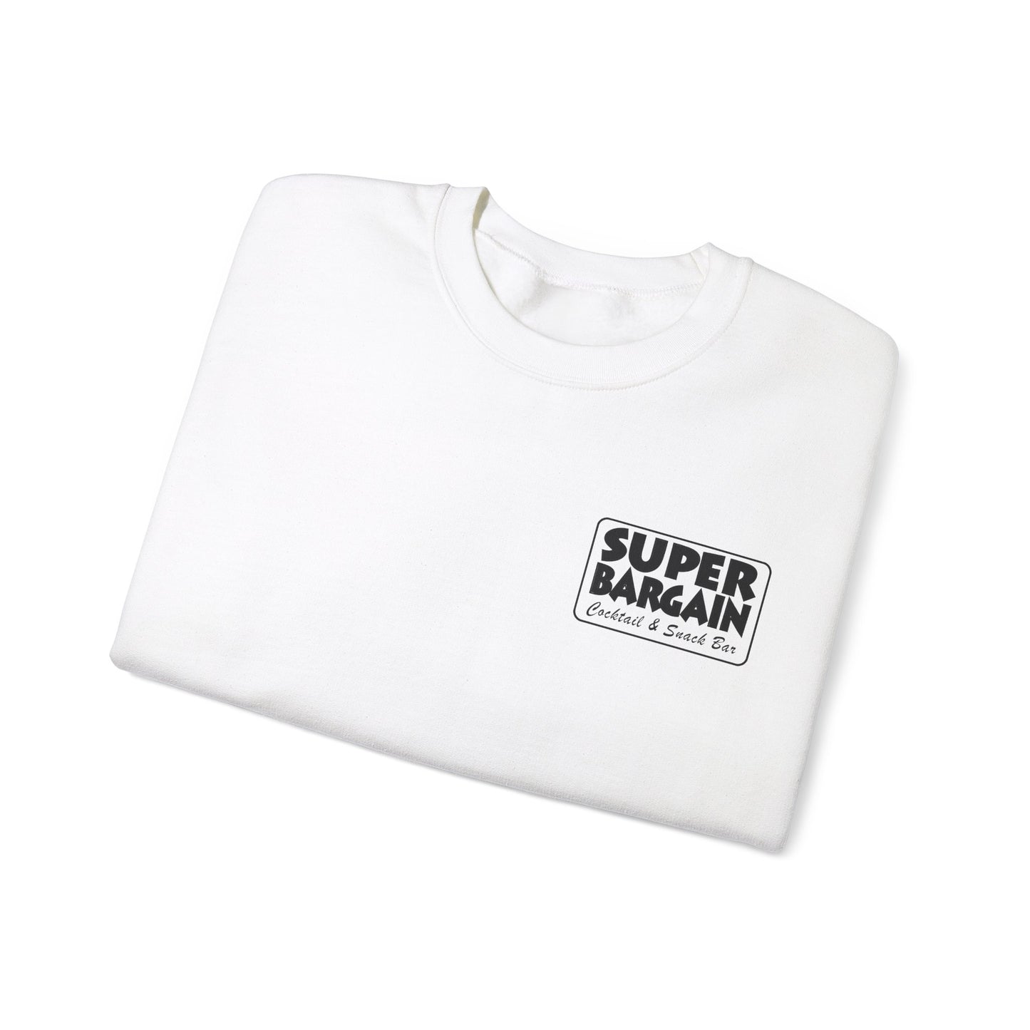 A folded Unisex Heavy Blend™ Crewneck Monochrome Logo and Cabbagetown Sweatshirt by Printify, with a black and white "Super Bargain - Cabbagetown" logo printed on the left chest area, isolated on a white background.