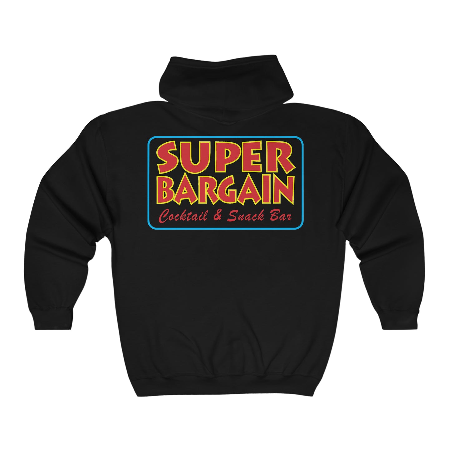 Black Unisex Heavy Blend™ Full Zip Hooded Sweatshirt by Printify with "Cabbagetown Super Bargain Cocktail & Snack Bar" text in a colorful retro font on the back.