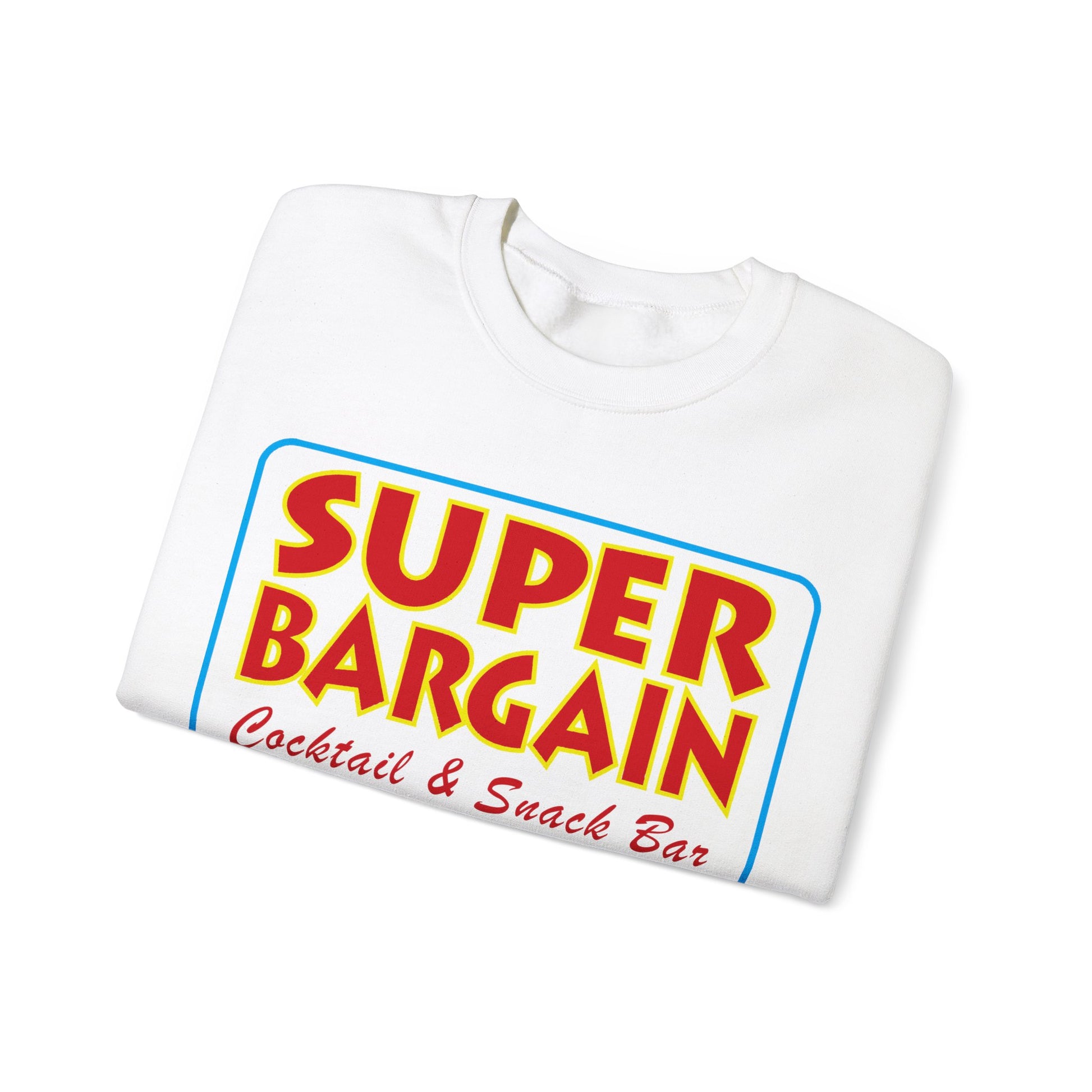 A folded Unisex Heavy Blend™ Crewneck Signature Logo Sweatshirt with a colorful graphic that reads "SUPER BARGAIN Cocktail & Snack Bar Cabbagetown" in bold red and yellow lettering on a white background by Printify.