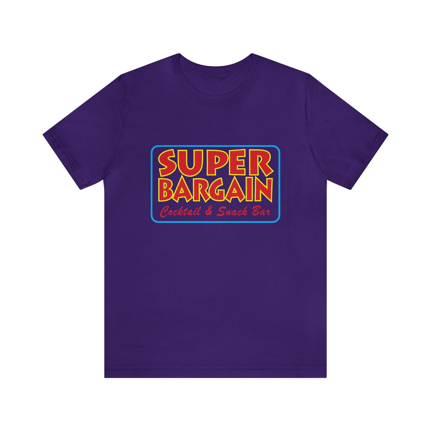 A purple Unisex Jersey Short Sleeve Tee featuring a colorful logo with the words "SUPER BARGAIN Cabbagetown Cocktail & Snack Bar" in bold, retro font with yellow and orange colors by Printify.