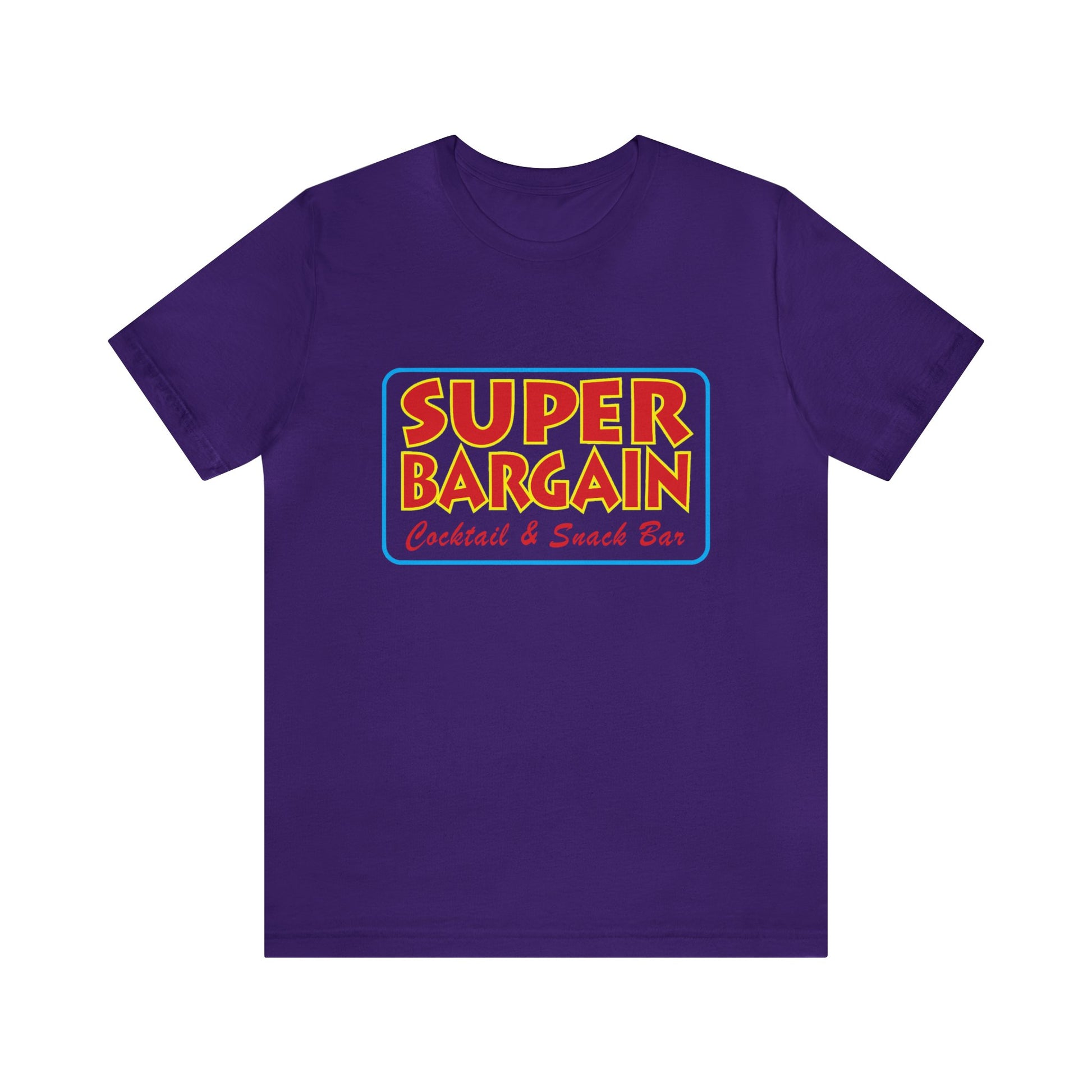 A purple Unisex Jersey Short Sleeve Tee featuring a colorful logo with the words "SUPER BARGAIN Cabbagetown Cocktail & Snack Bar" in bold, retro font with yellow and orange colors by Printify.