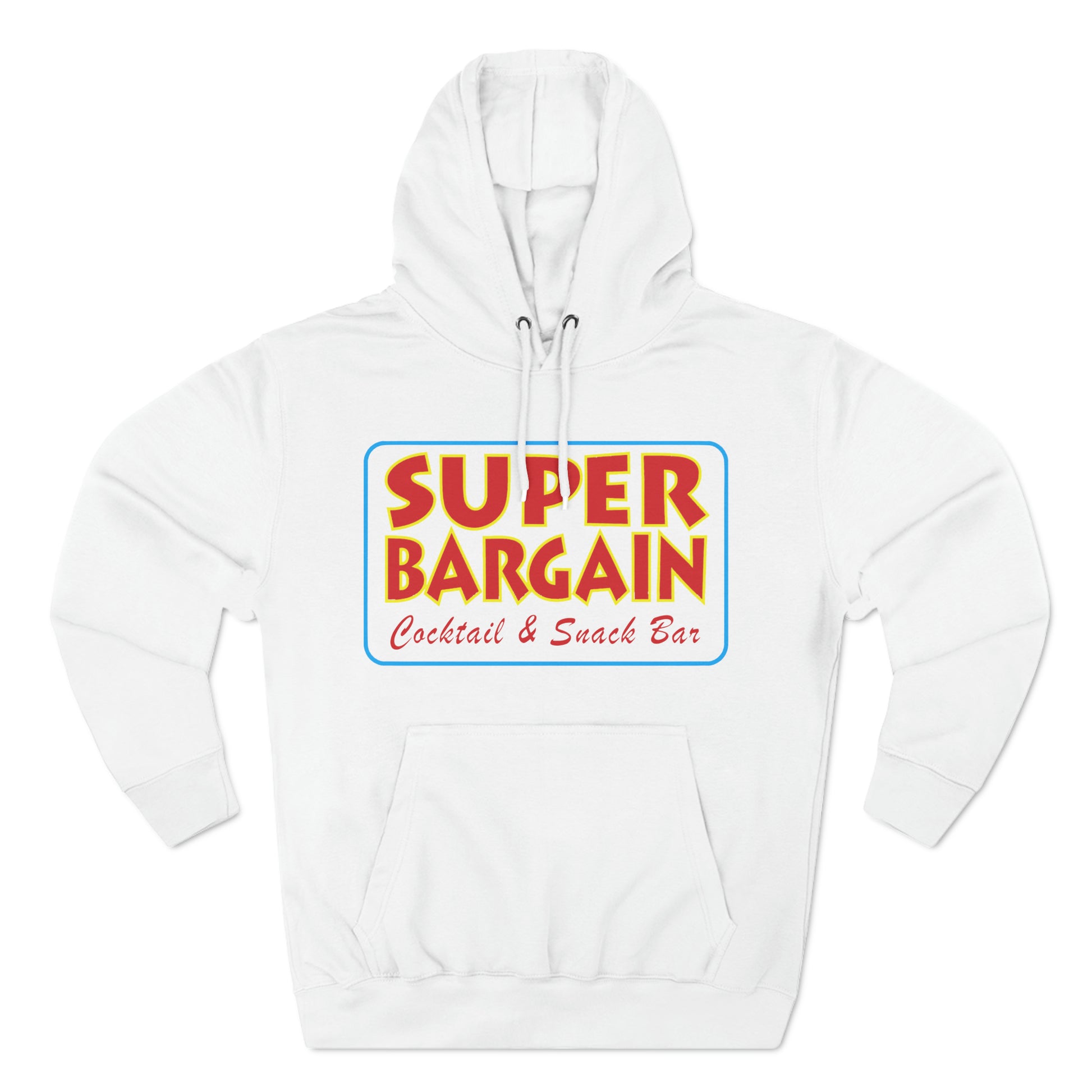 White Unisex Premium Pullover Hoodie with "Cabbagetown SUPER BARGAIN Cocktail & Snack Bar, Toronto" printed in colorful block letters on the front. The hoodie has a front pouch and drawstrings.