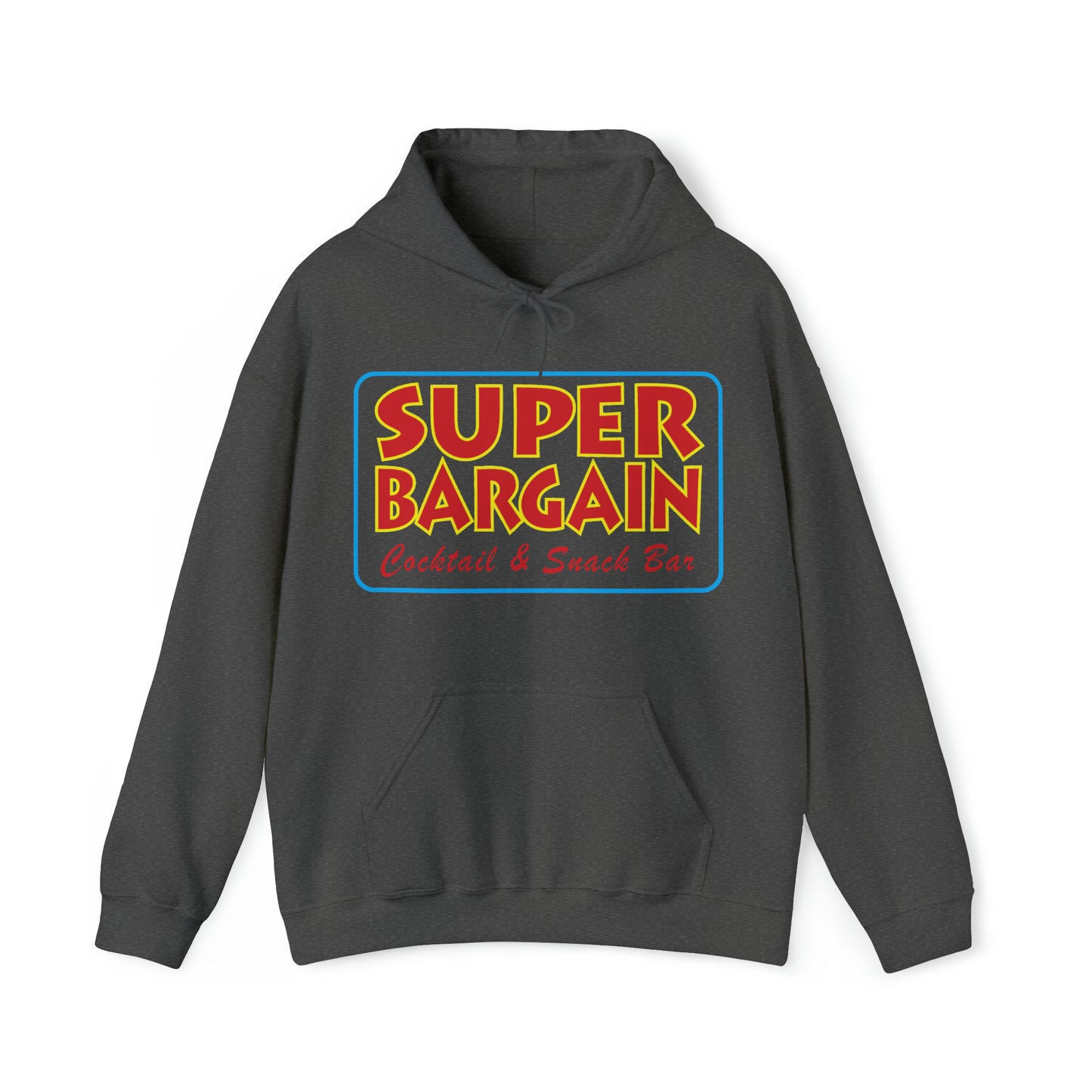 A dark gray Unisex Heavy Blend™ Hooded Sweatshirt featuring a colorful logo that reads "SUPER BARGAIN Cocktail & Snack Bar, Cabbagetown Toronto" in yellow and red with white outlining, displayed on a plain white background. (Printify)