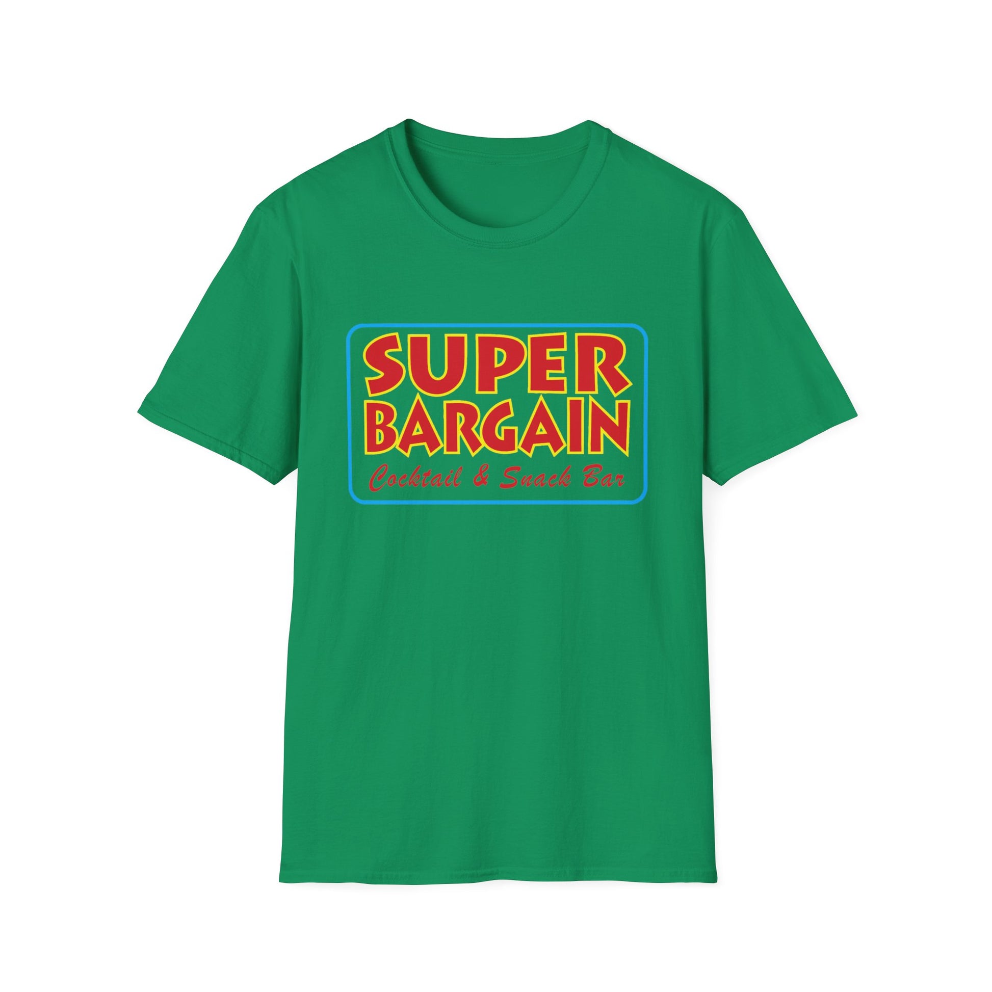 A green Unisex Softstyle Logo T-Shirt with the words "SUPER BARGAIN - Crafted & Good Buy" in yellow and red retro font on the chest area, presented on a plain white background, featuring a small Toronto logo by Printify.