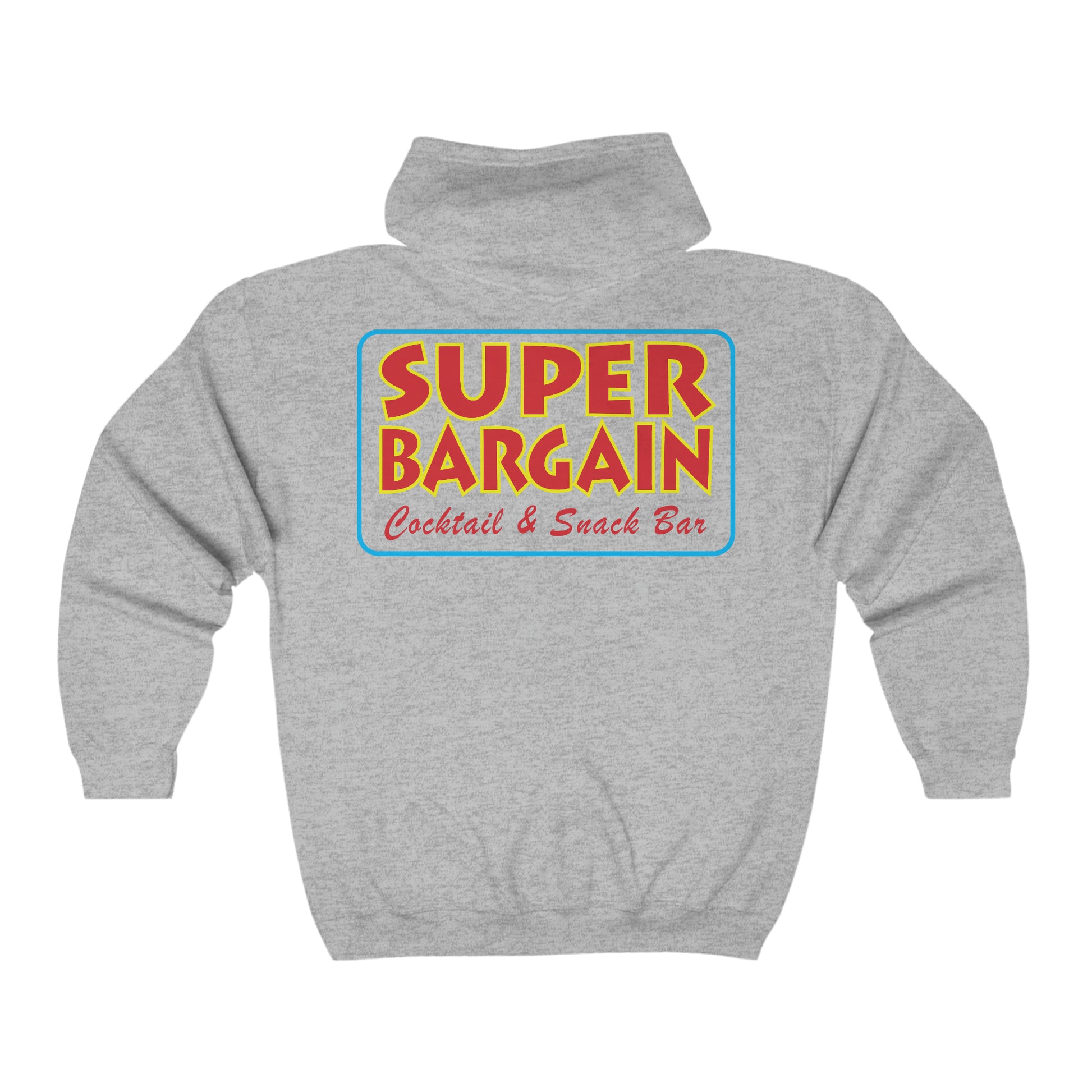 A gray Unisex Heavy Blend™ Full Zip Hooded Sweatshirt with the text "SUPER BARGAIN Toronto Cocktail & Snack Bar" in colorful, bold letters printed on the back from Printify.