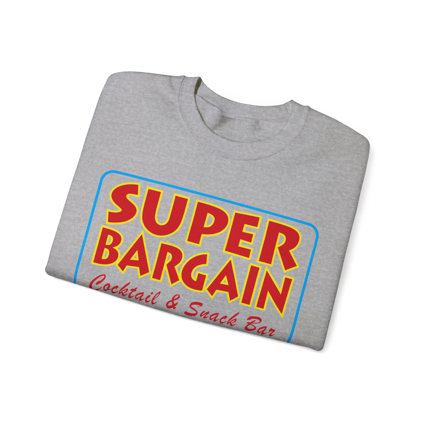 A folded Unisex Heavy Blend™ Crewneck Signature Logo Sweatshirt featuring a colorful logo with the text "SUPER BARGAIN Cabbagetown Cocktail & Snack Bar" in red and yellow on a blue background by Printify.
