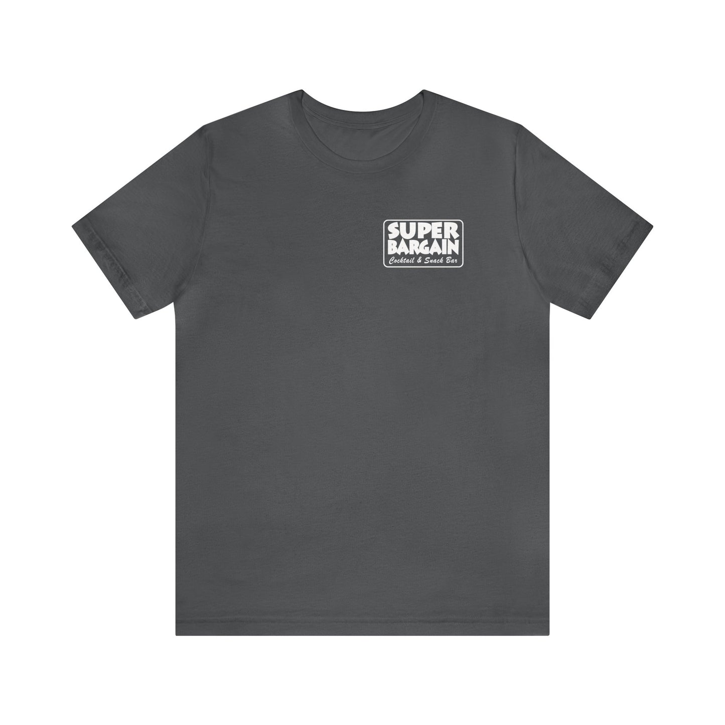 A Printify Unisex Jersey Short Sleeve Monochrome Logo Tee with a small logo on the left chest area that reads "Toronto Super Bargain" in white text enclosed in a dark rectangle.