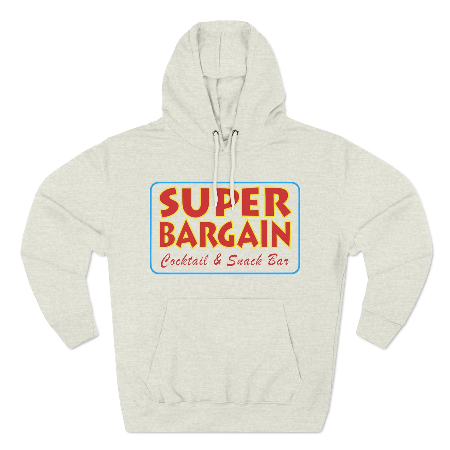 A Unisex Premium Pullover Hoodie with the logo "Cabbagetown SUPER BARGAIN Cocktail & Snack Bar, Toronto" in bold red and yellow text on the front. (Printify)