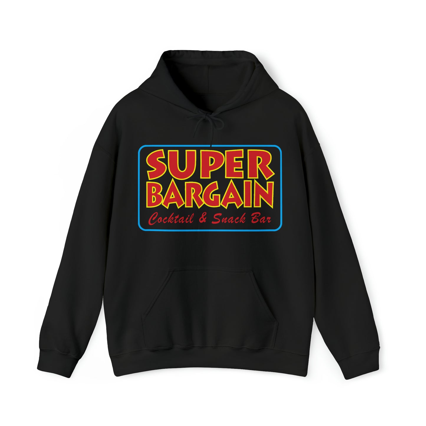 Black Unisex Heavy Blend™ Hooded Sweatshirt with a colorful design featuring the text "SUPER BARGAIN Cocktail & Snack Bar" in retro style on the front, showcasing Toronto's Cabbagetown flair by Printify.