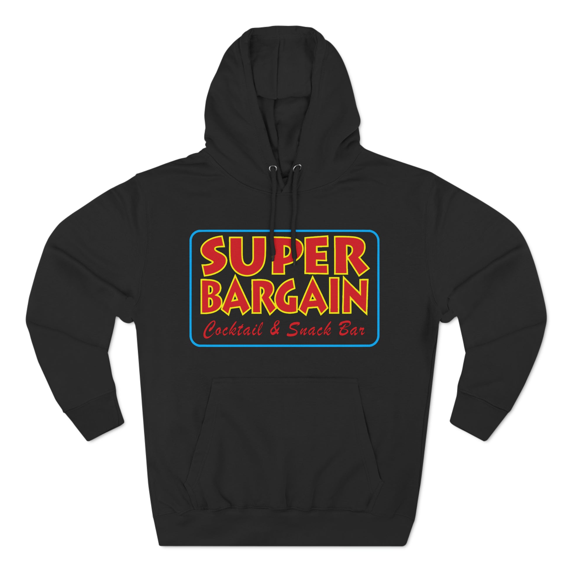 Printify's Unisex Premium Pullover Hoodie with a colorful graphic that reads "SUPER BARGAIN Cabbagetown Cocktail & Snack Bar" on the front. The hoodie features a front pocket and drawstrings.