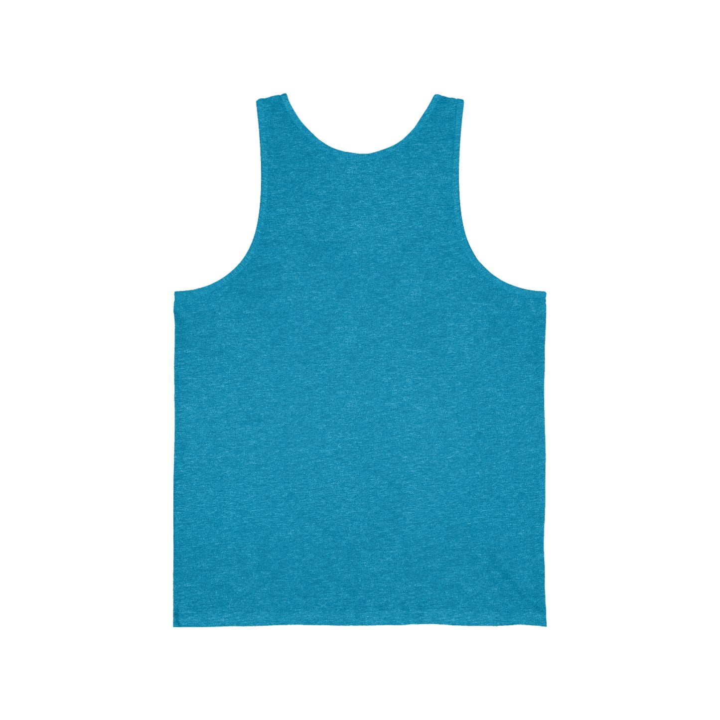 A Printify Unisex Jersey Tank in plain blue on a white background, purchased in Cabbagetown, Toronto.